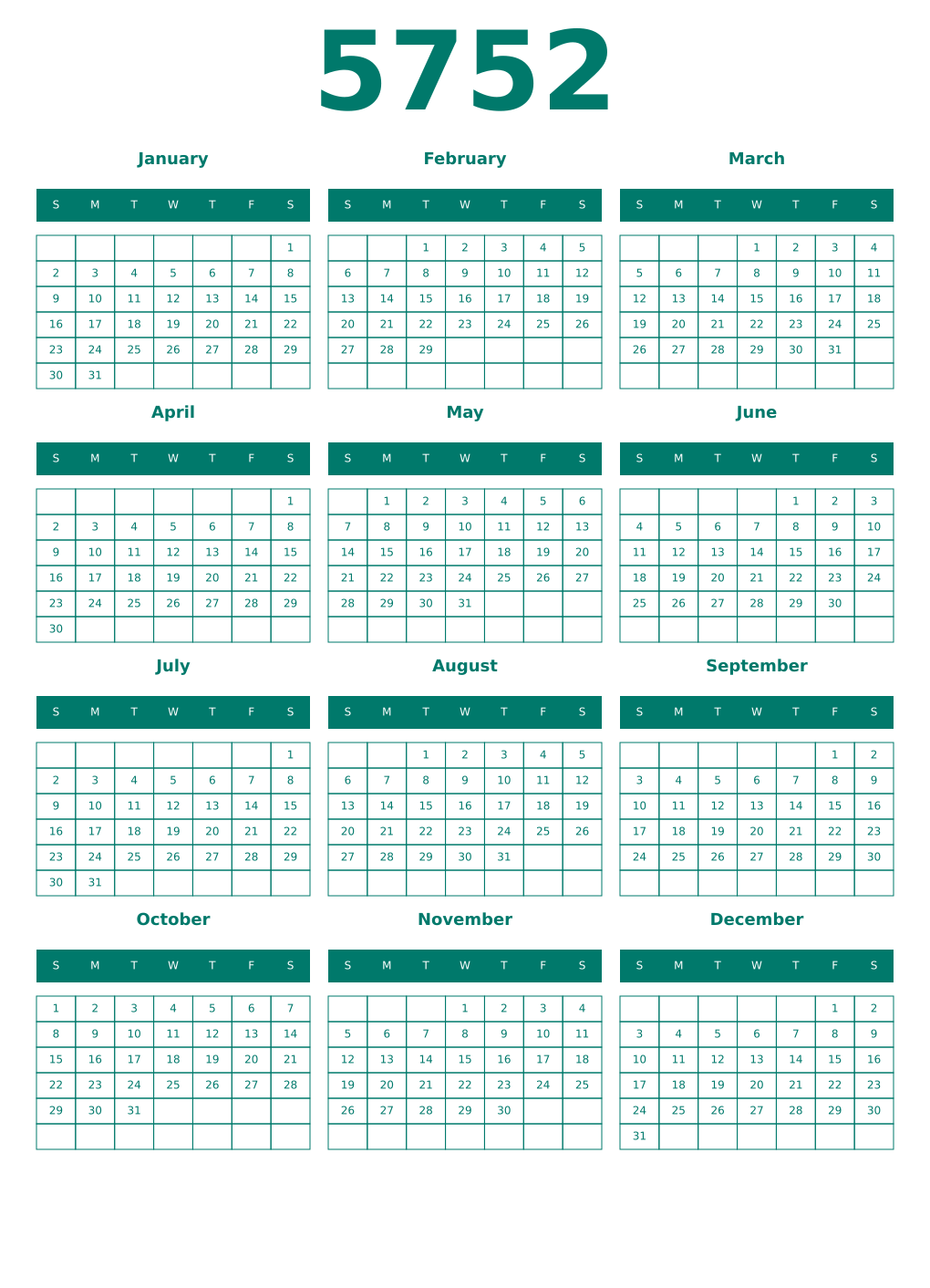 Printable 5752 Year Calendars pastel