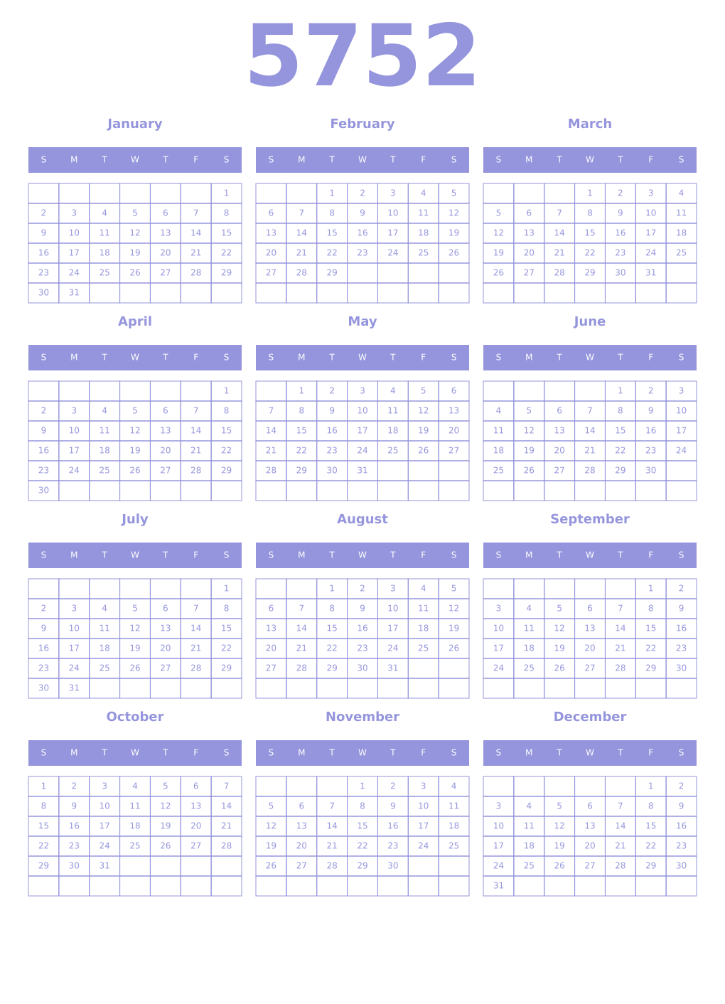 Printable 5752 Year Calendars periwinkle