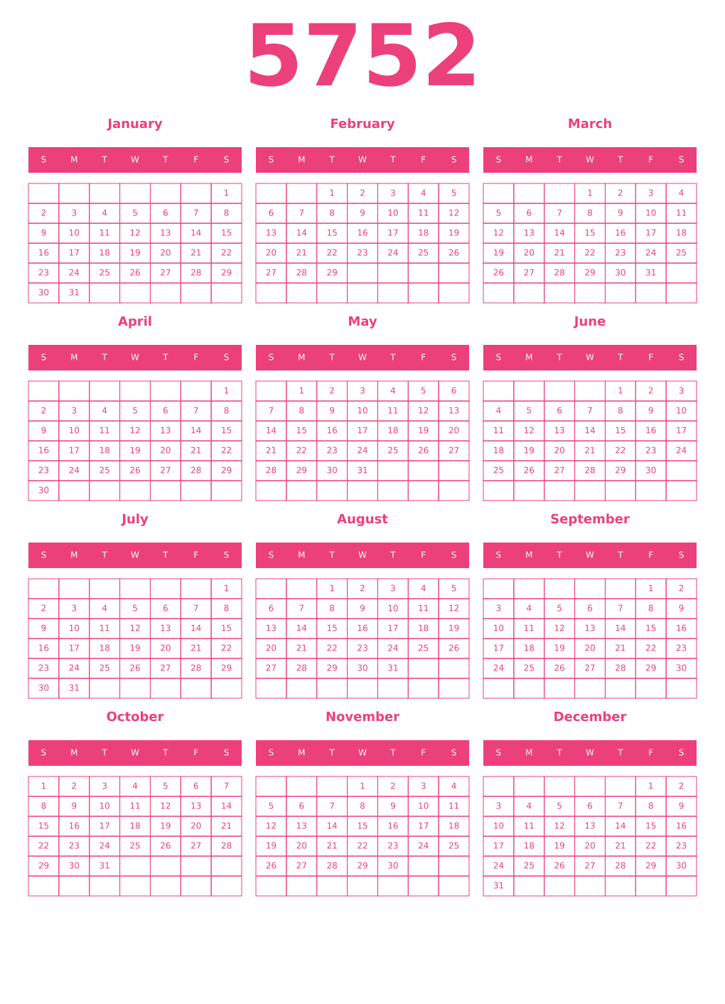 Printable 5752 Year Calendars pink