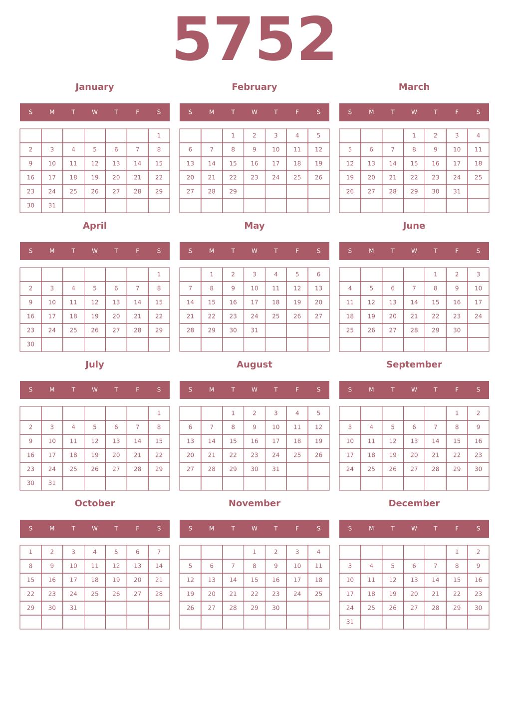 Printable 5752 Year Calendars puce