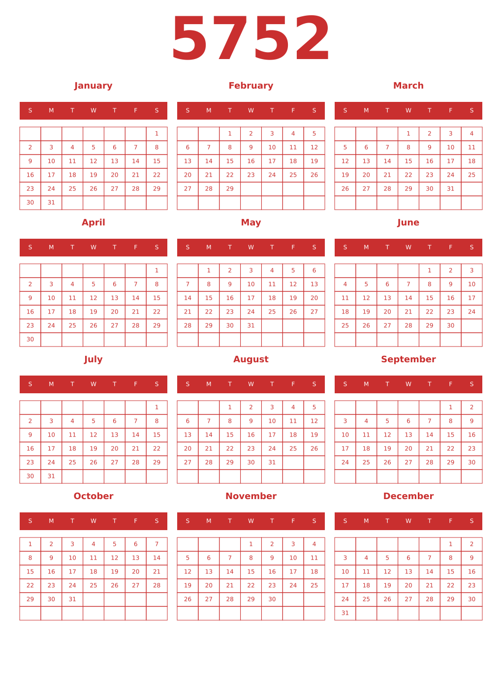 Printable 5752 Year Calendars red