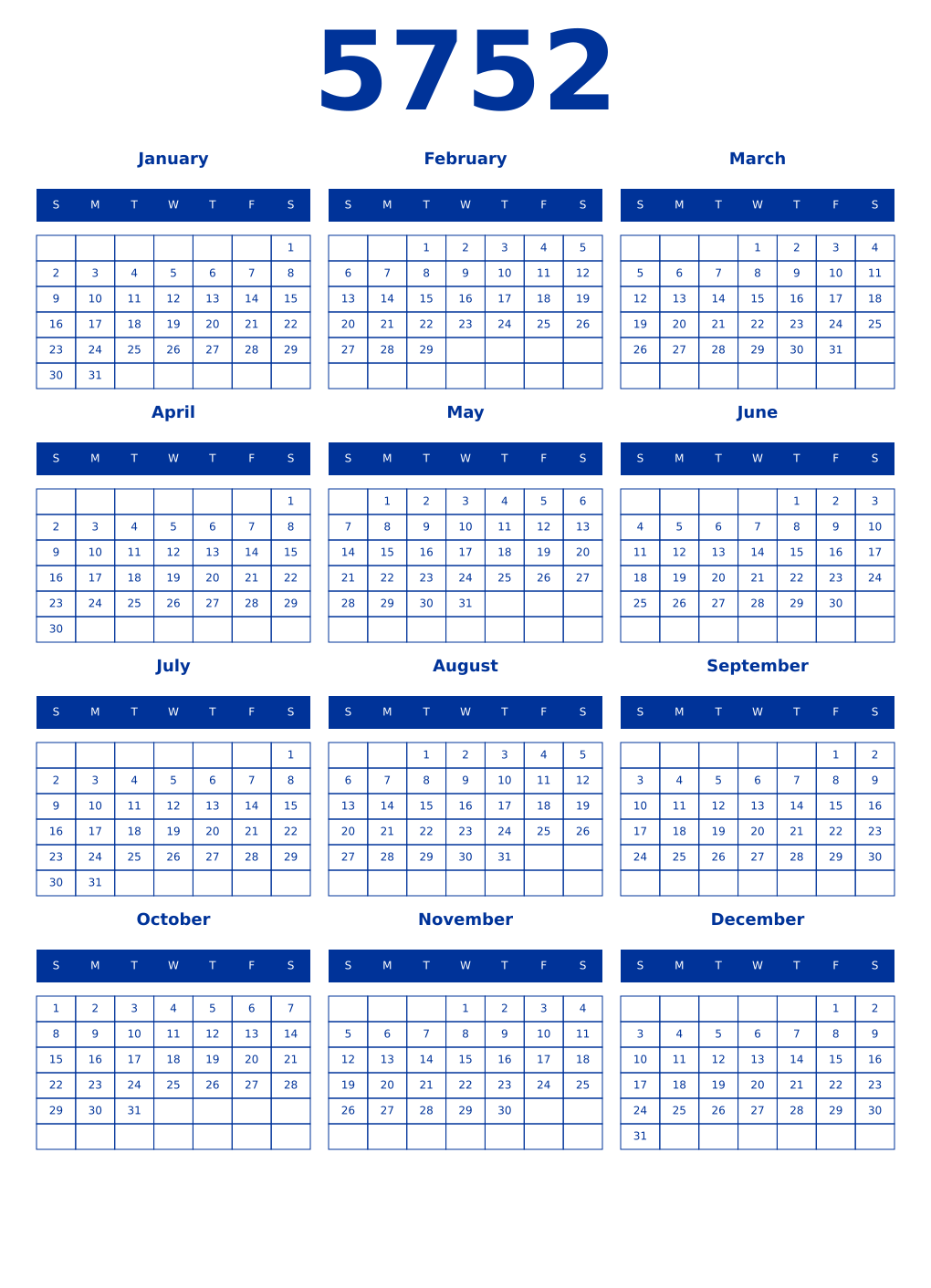 Printable 5752 Year Calendars smalt