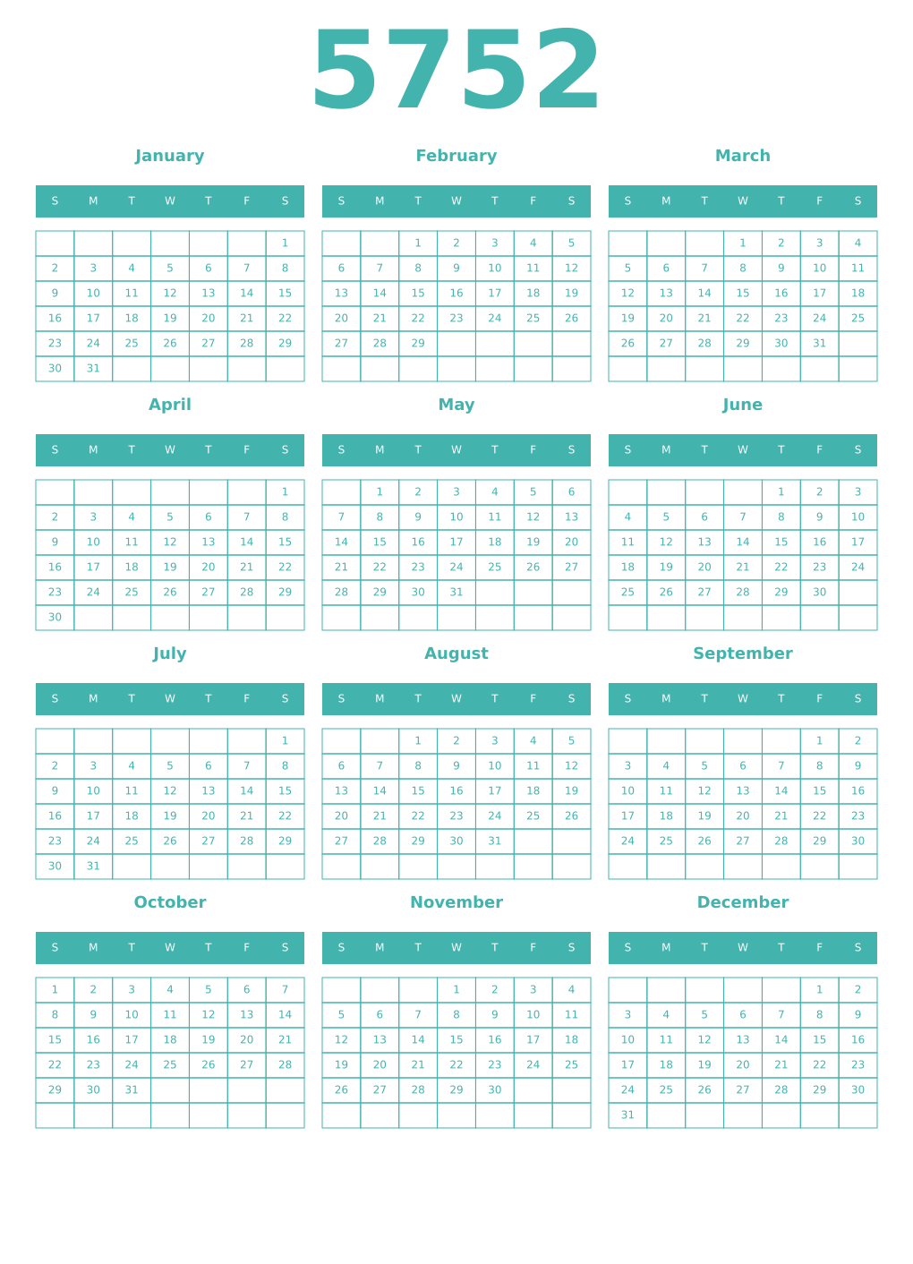 Printable 5752 Year Calendars verdigris