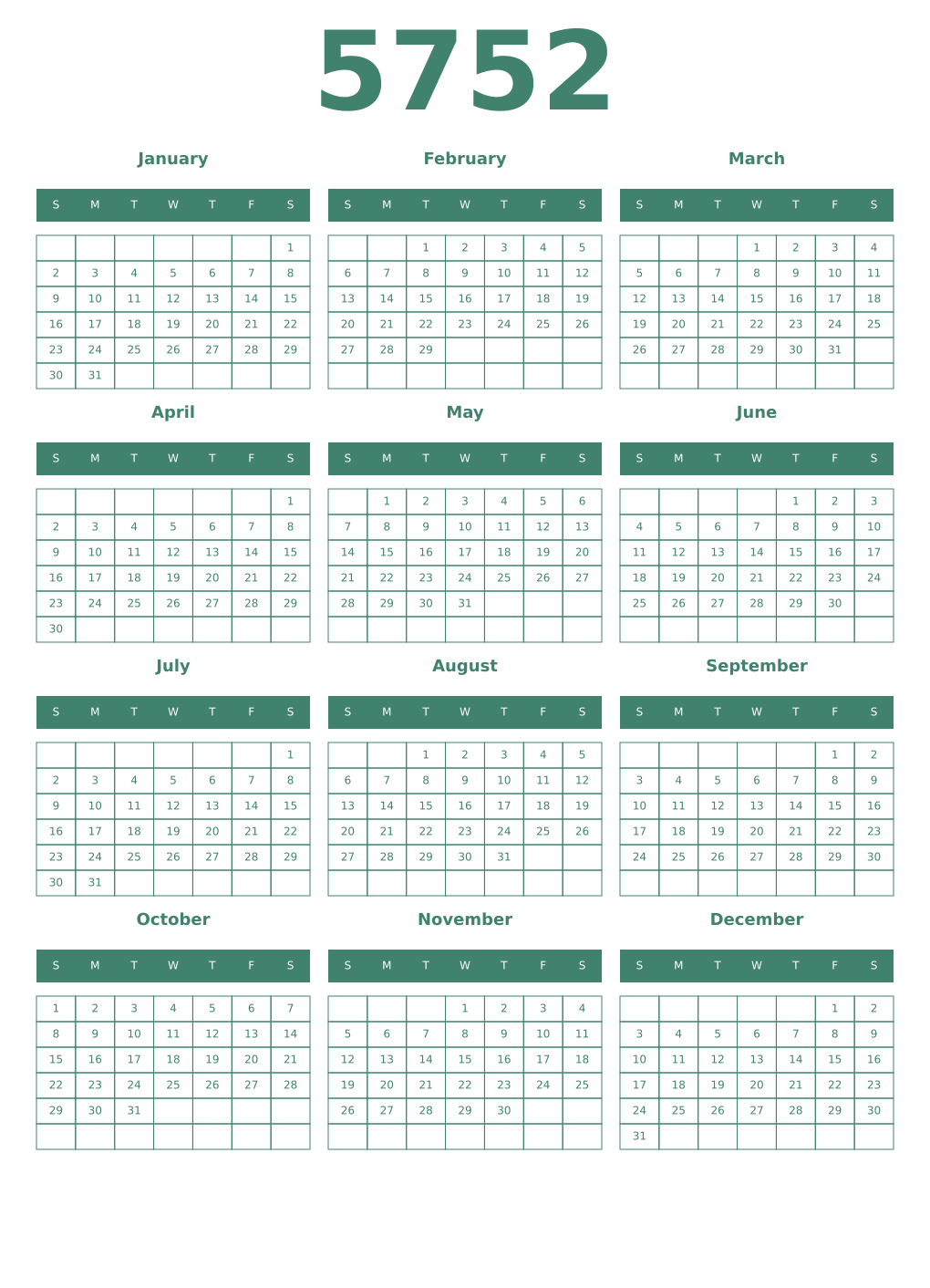 Printable 5752 Year Calendars viridian