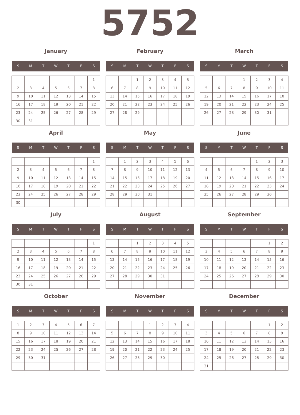 Printable 5752 Year Calendars wenge