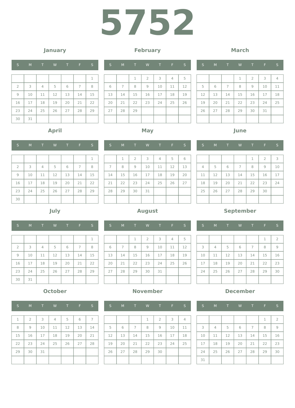 Printable 5752 Year Calendars xanadu