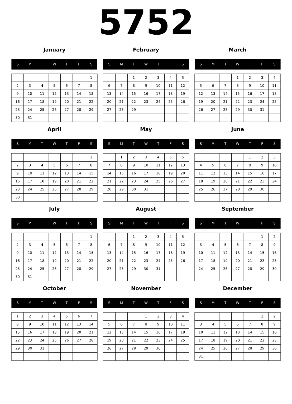 Printable 5752 Calendars