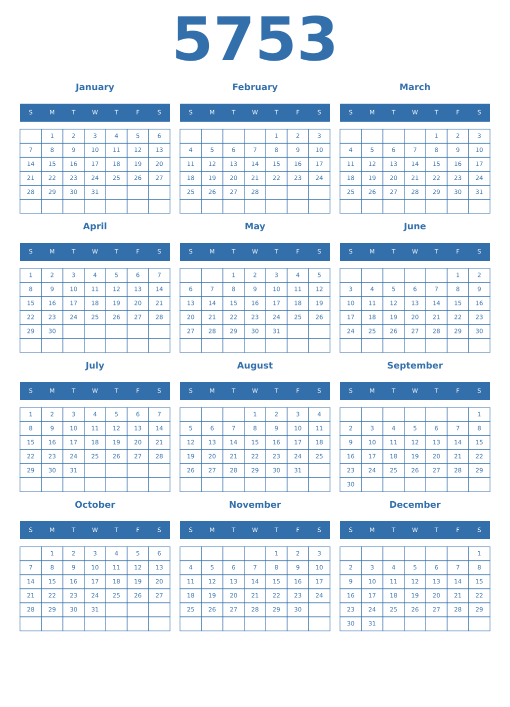 Printable 5753 Year Calendars blue