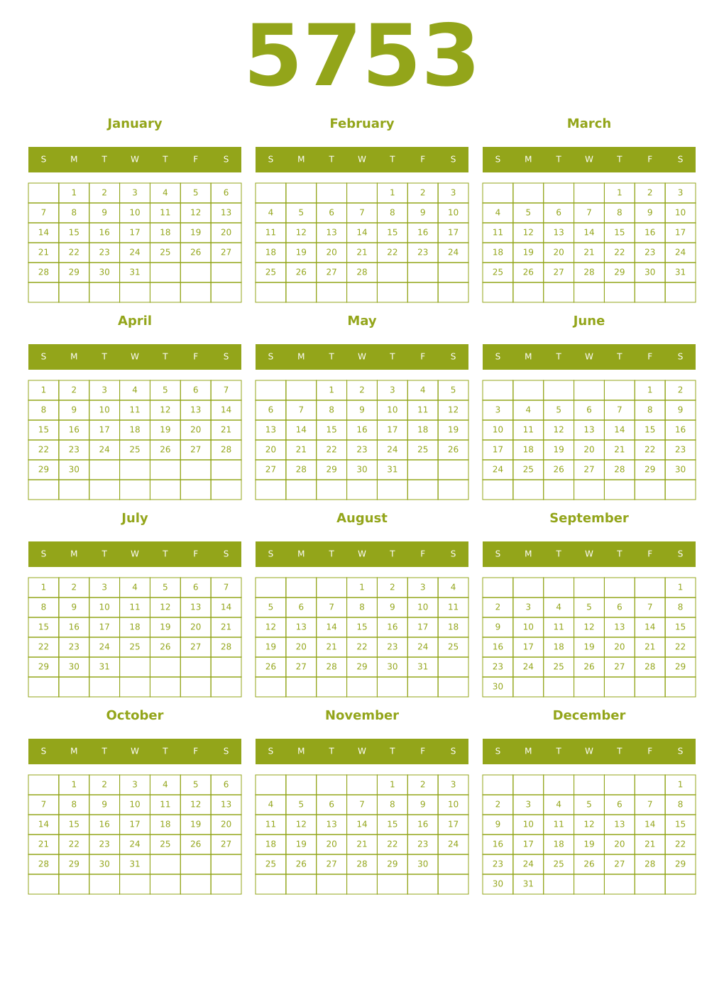 Printable 5753 Year Calendars chartreuse