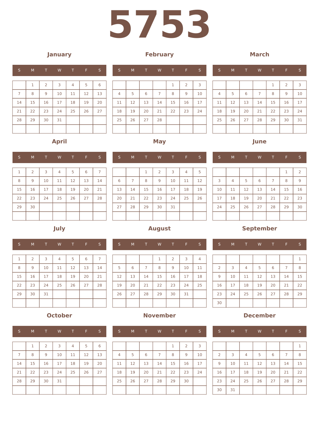 Printable 5753 Year Calendars coffe
