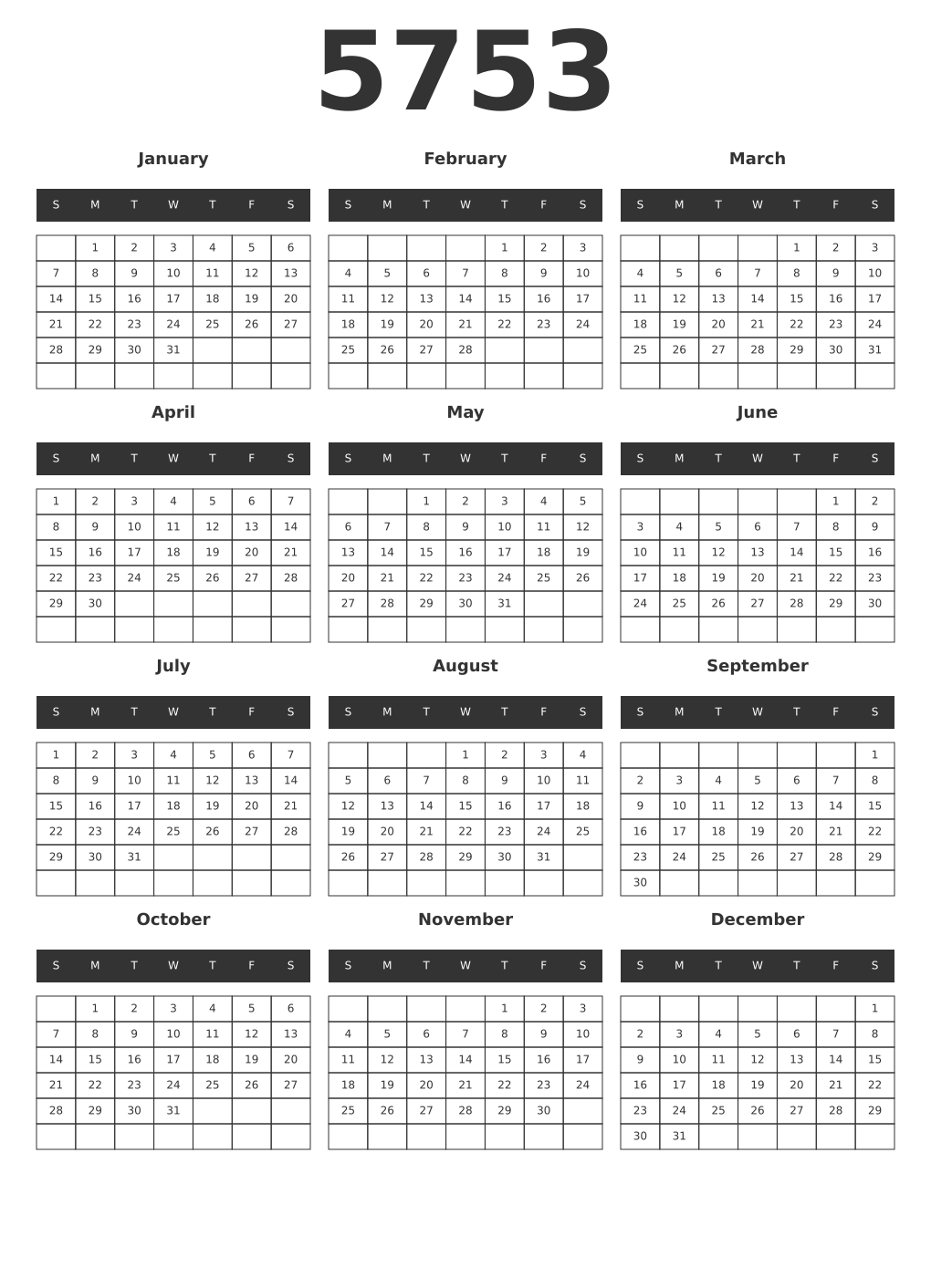 Printable 5753 Year Calendars dark