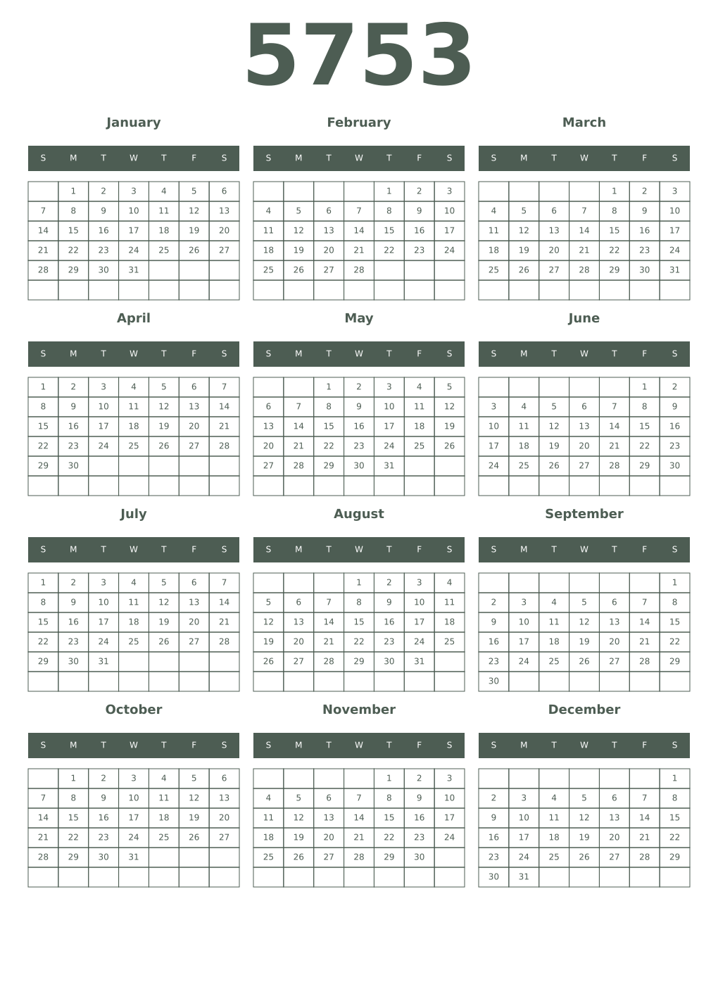 Printable 5753 Year Calendars feldgrau