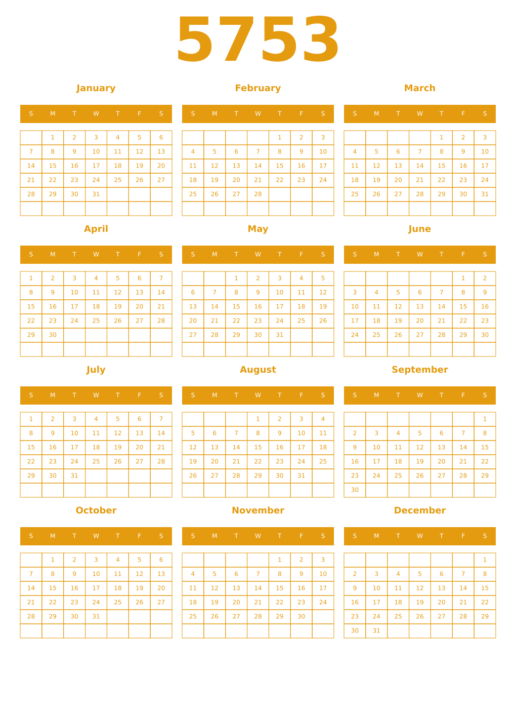 Printable 5753 Year Calendars gamboge