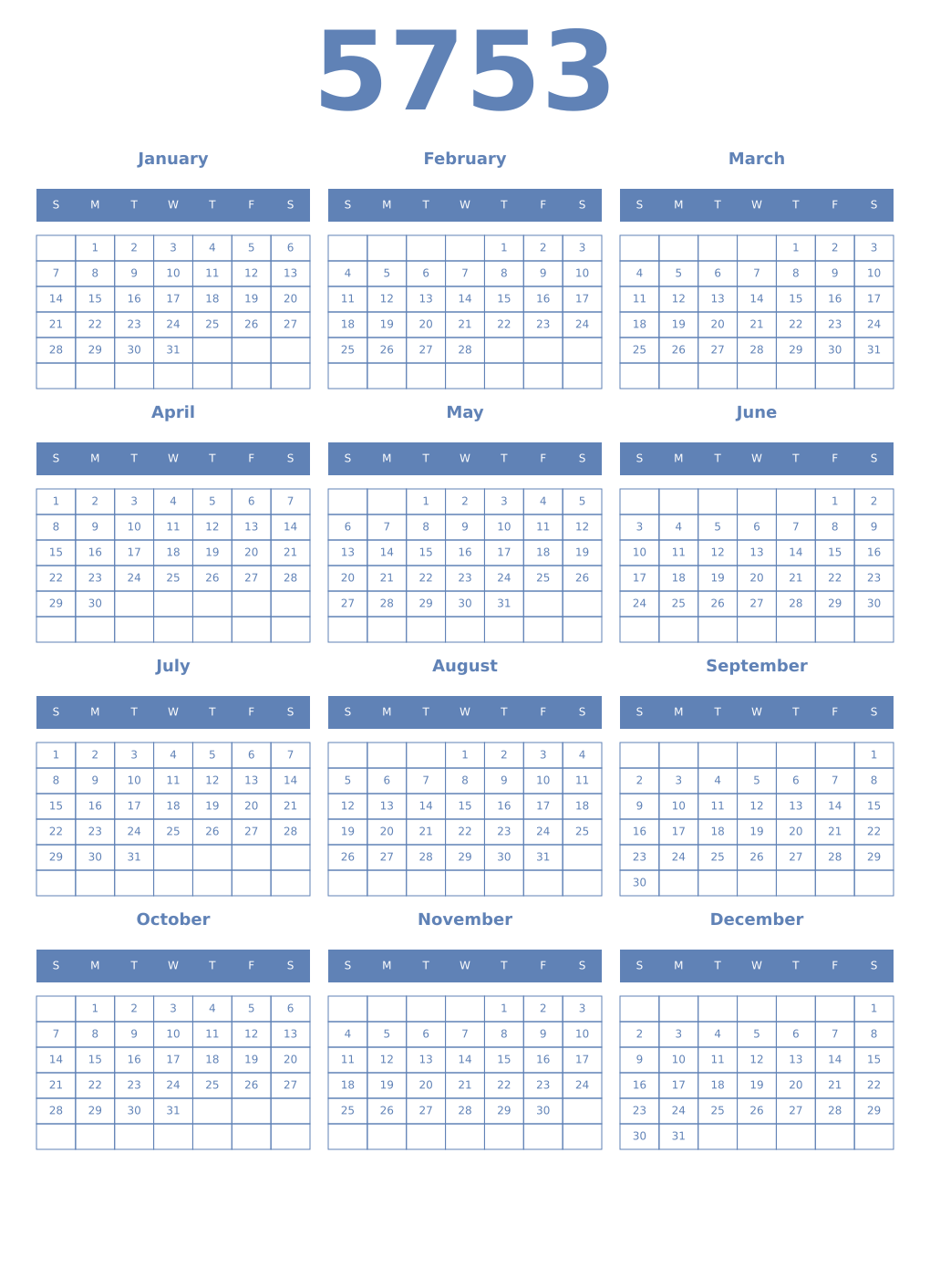 Printable 5753 Year Calendars glaucous