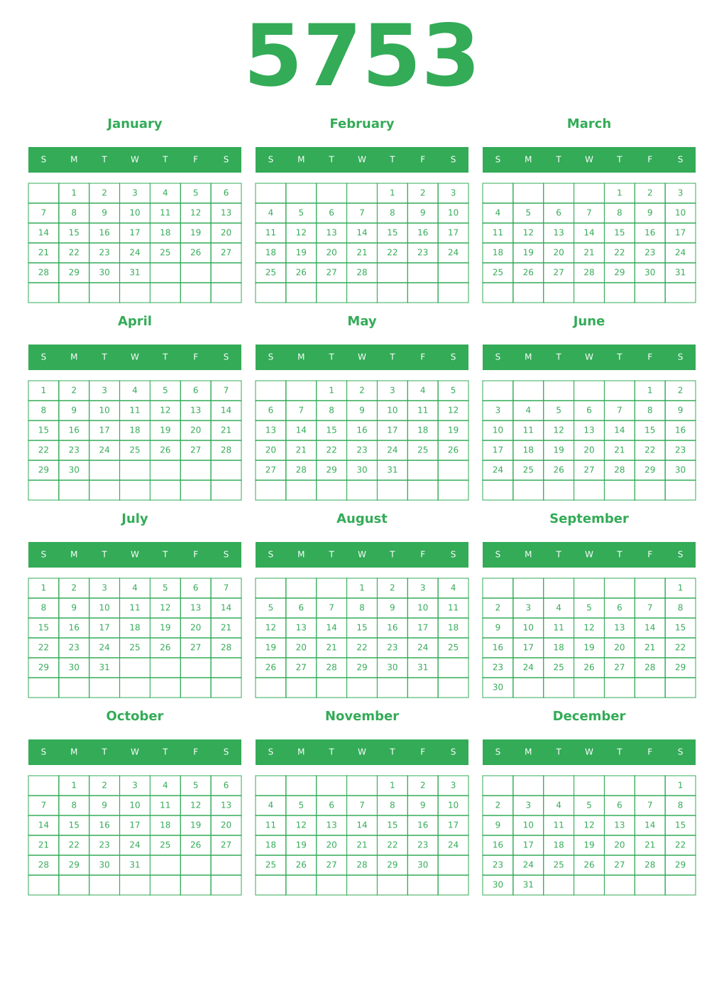 Printable 5753 Year Calendars green