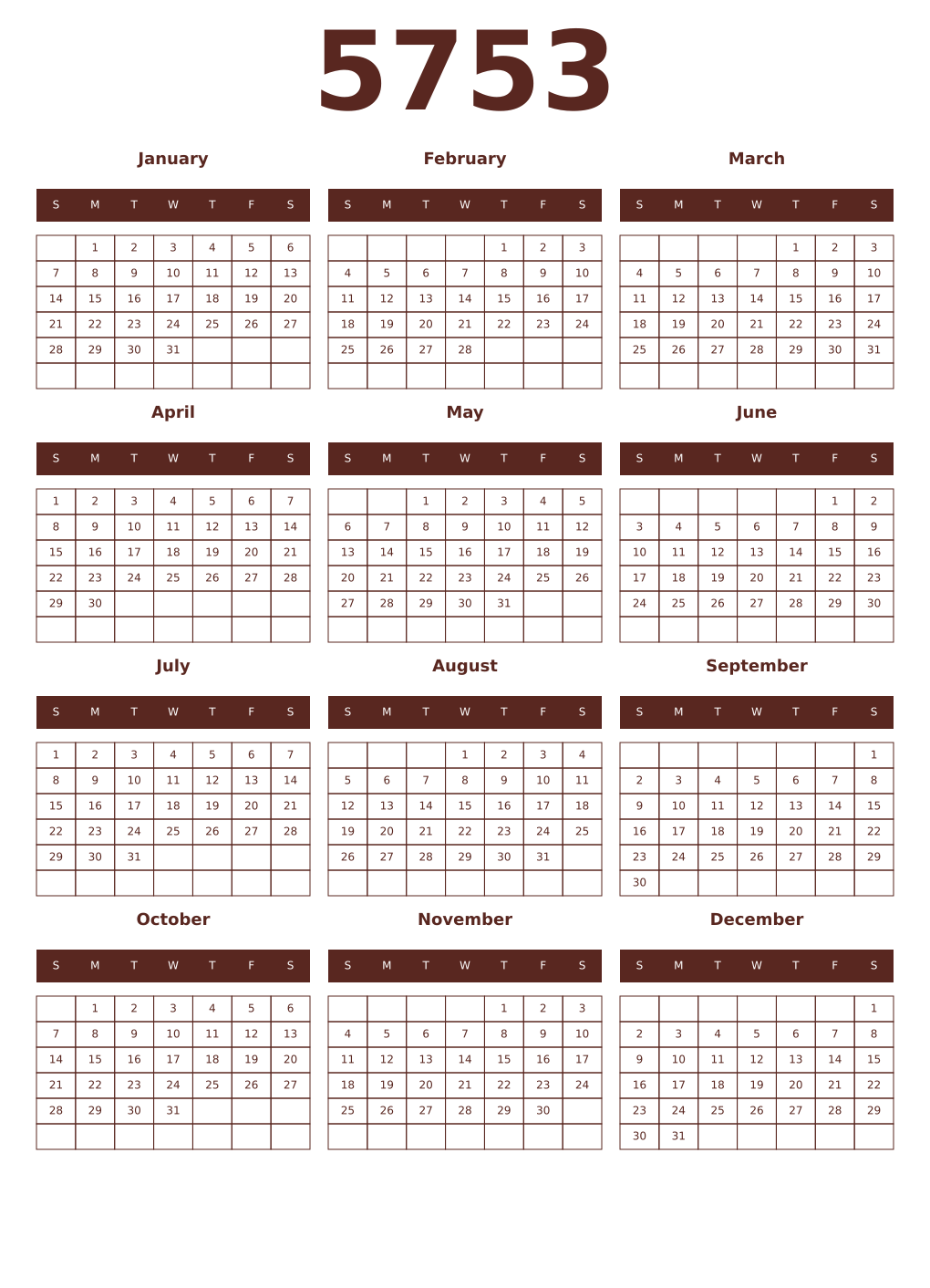 Printable 5753 Year Calendars mortuum