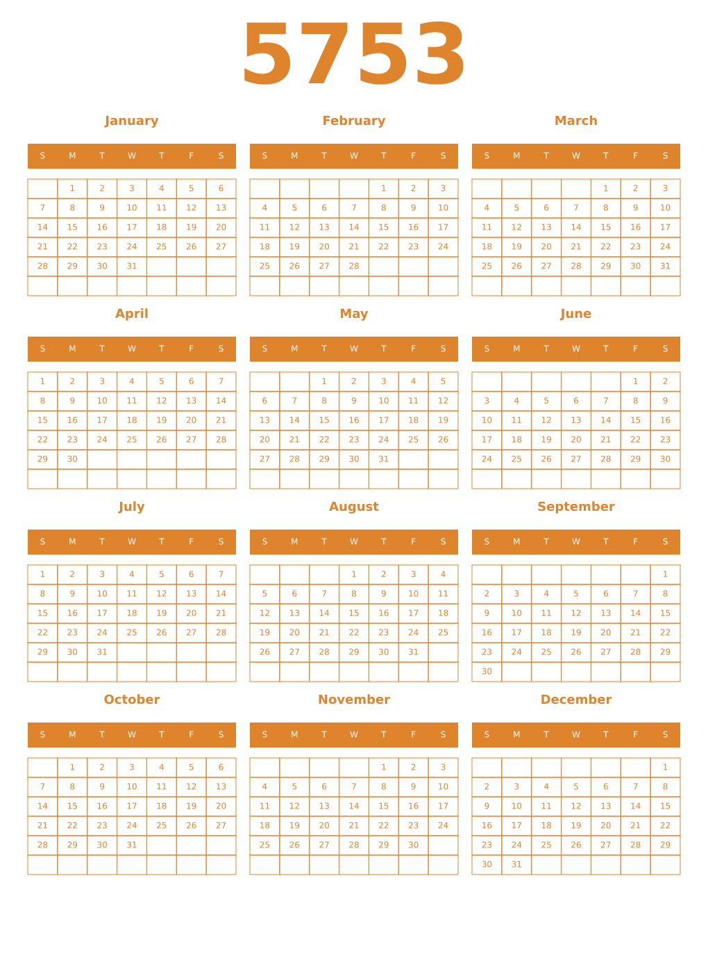 Printable 5753 Year Calendars orange