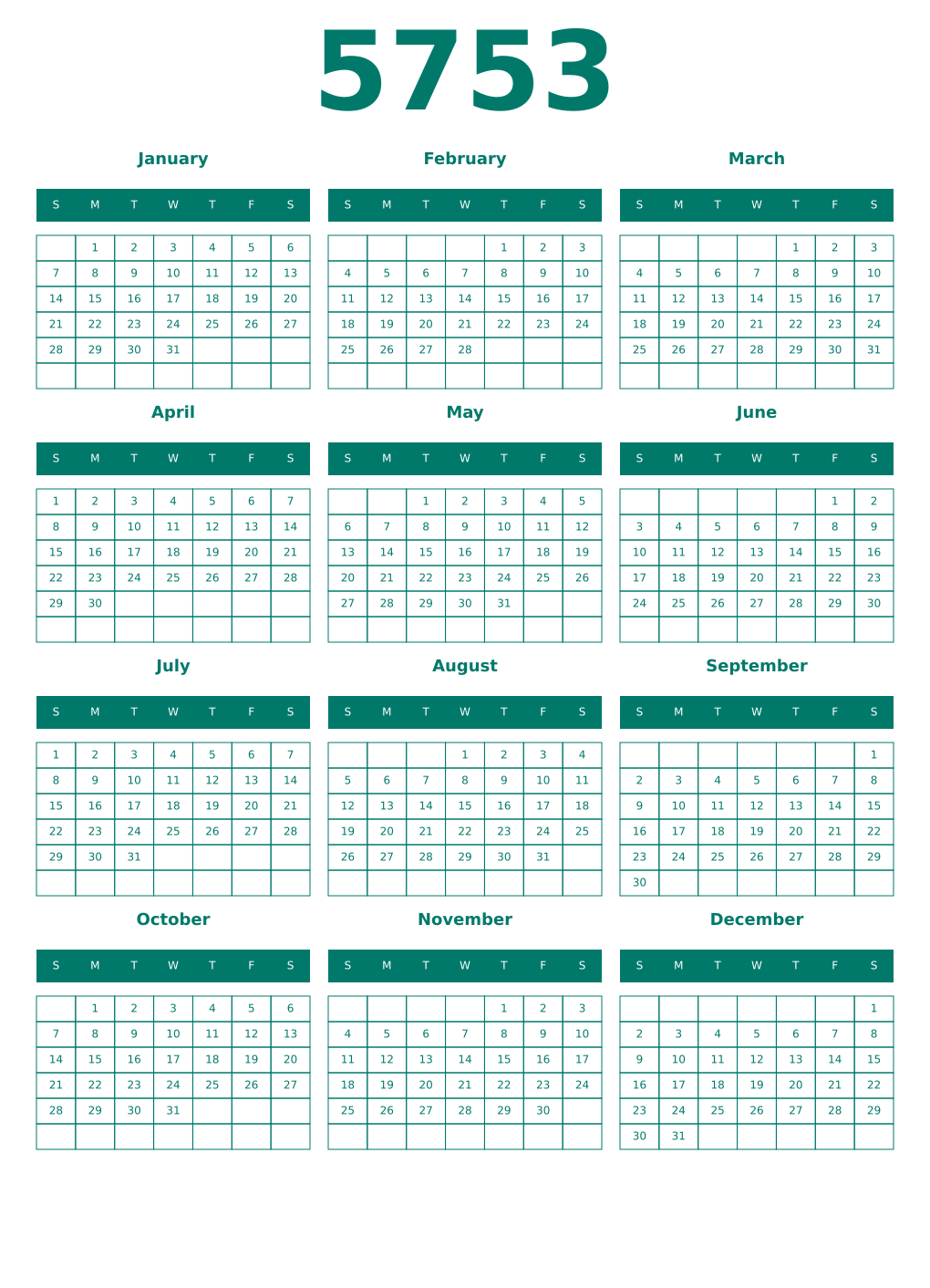 Printable 5753 Year Calendars pastel