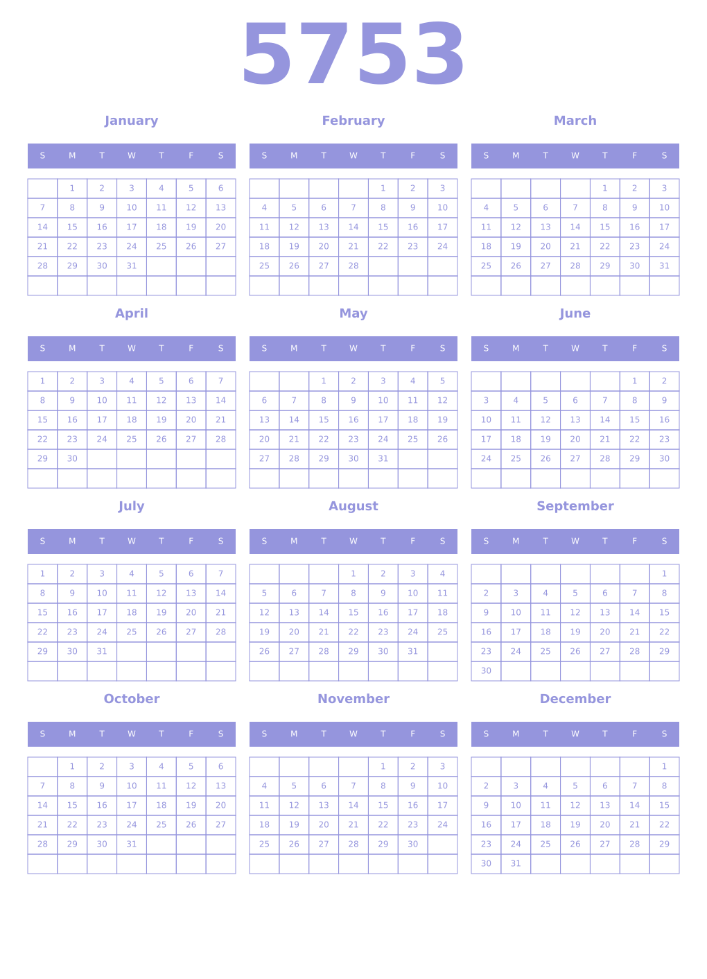 Printable 5753 Year Calendars periwinkle