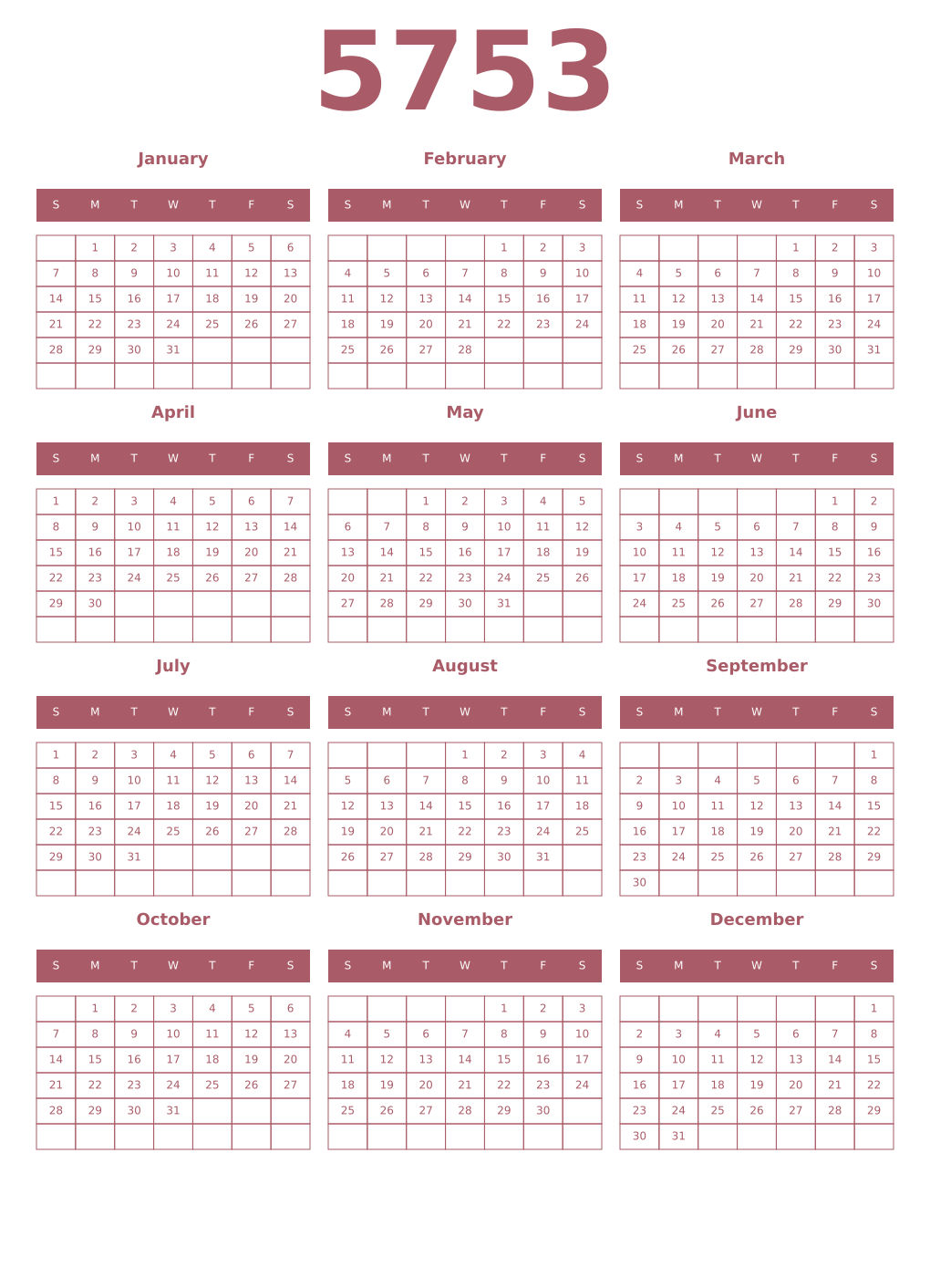 Printable 5753 Year Calendars puce