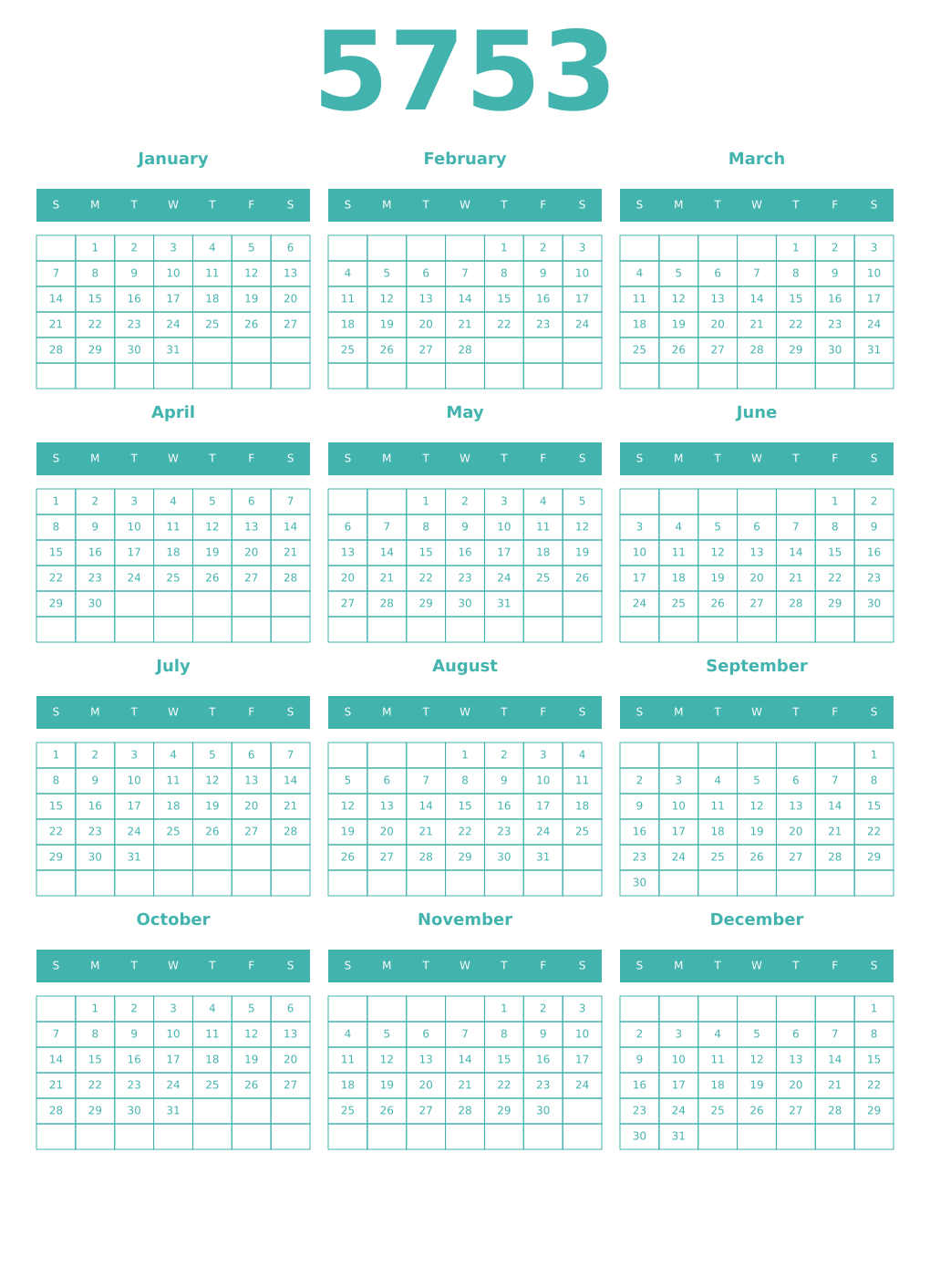Printable 5753 Year Calendars verdigris