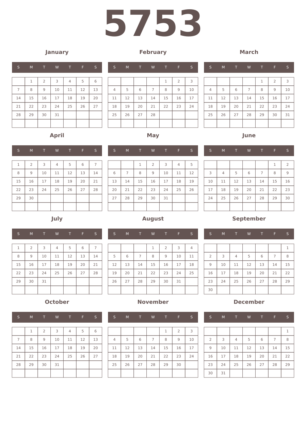 Printable 5753 Year Calendars wenge