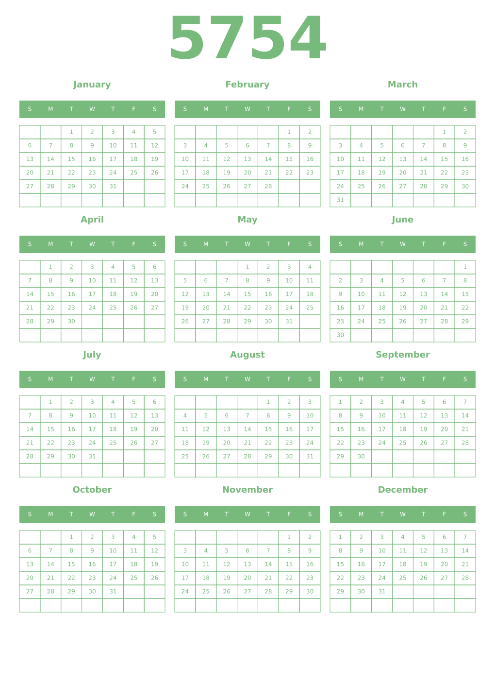 Printable 5754 Year Calendars celadon