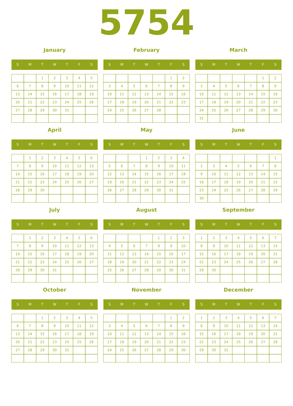 Printable 5754 Year Calendars chartreuse