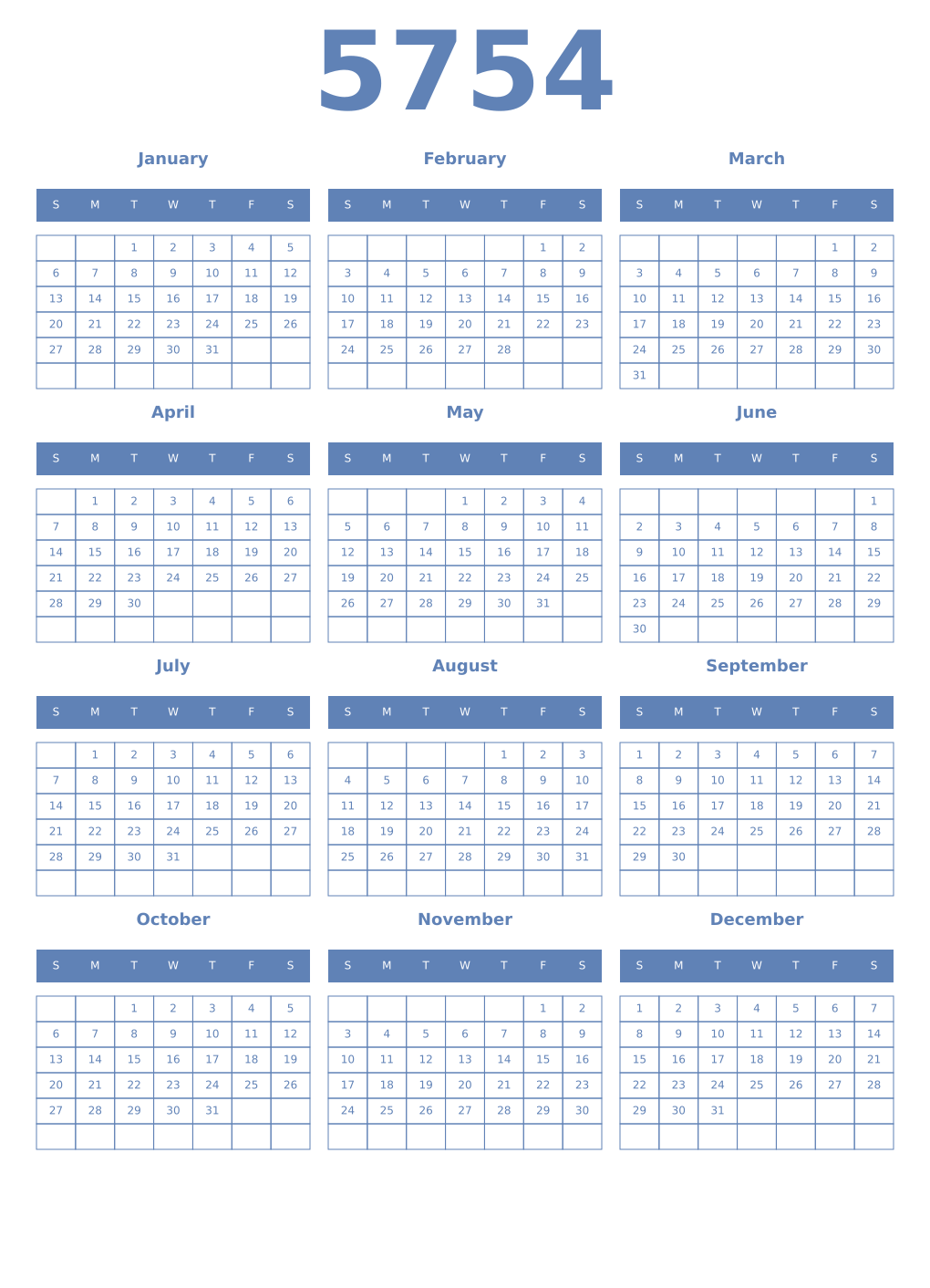 Printable 5754 Year Calendars glaucous
