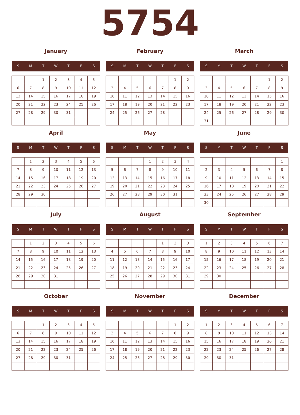 Printable 5754 Year Calendars mortuum