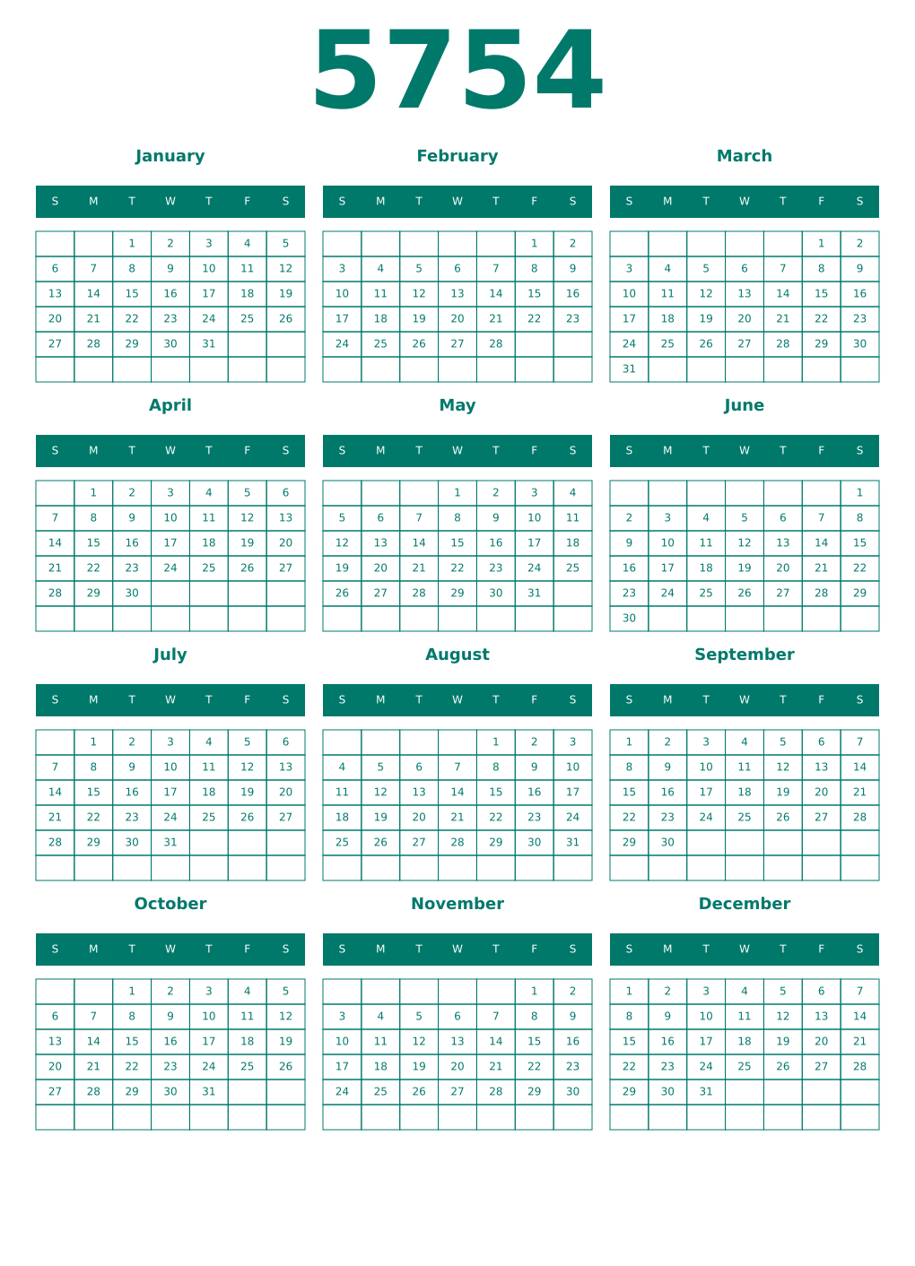 Printable 5754 Year Calendars pastel
