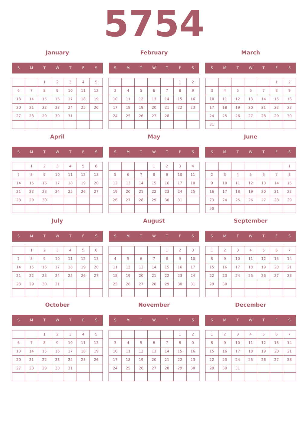 Printable 5754 Year Calendars puce