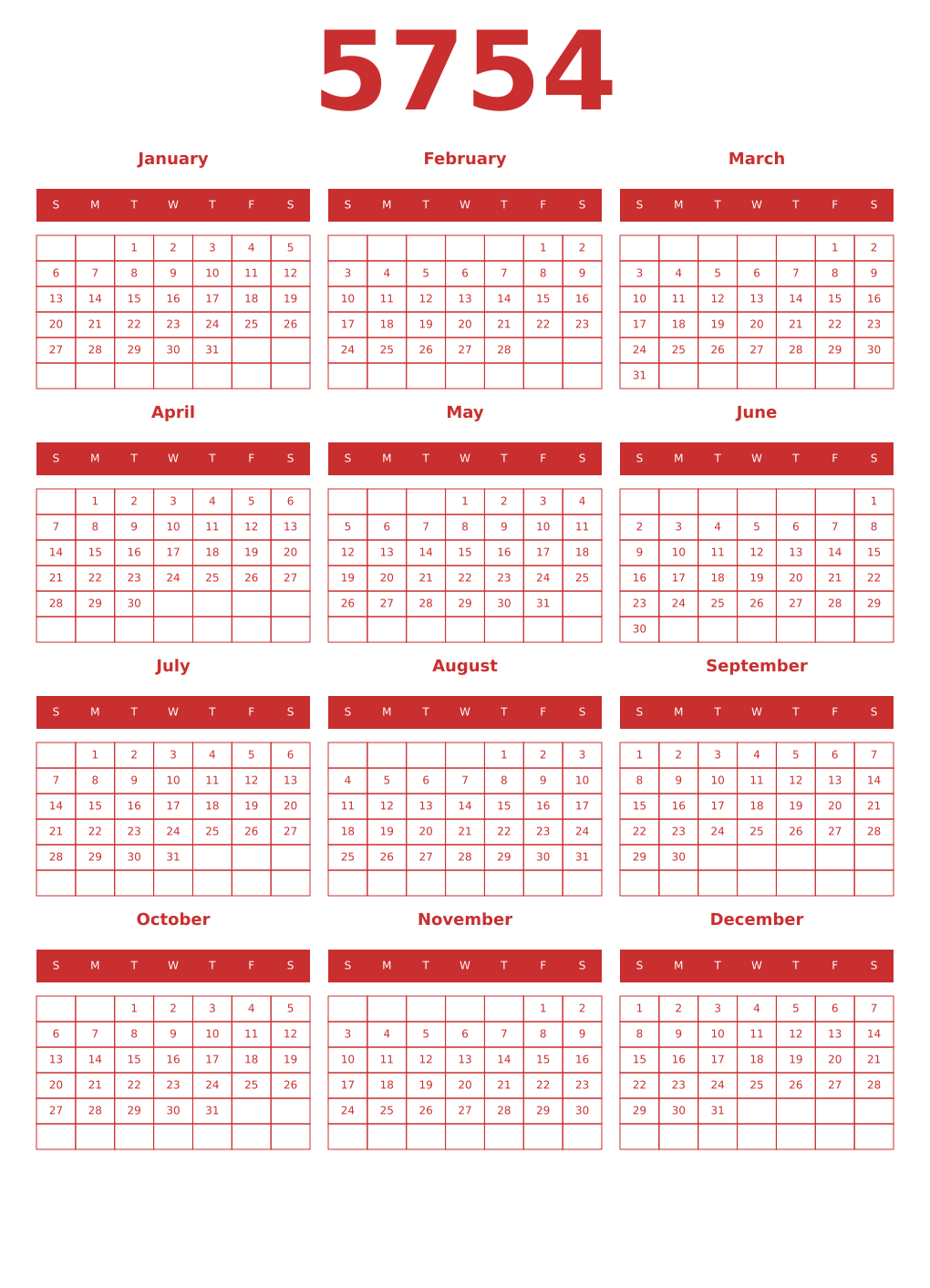 Printable 5754 Year Calendars red