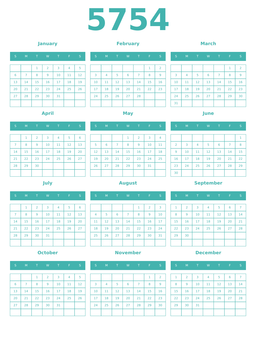 Printable 5754 Year Calendars verdigris