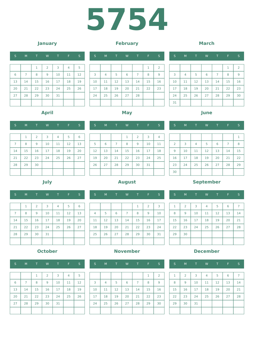 Printable 5754 Year Calendars viridian