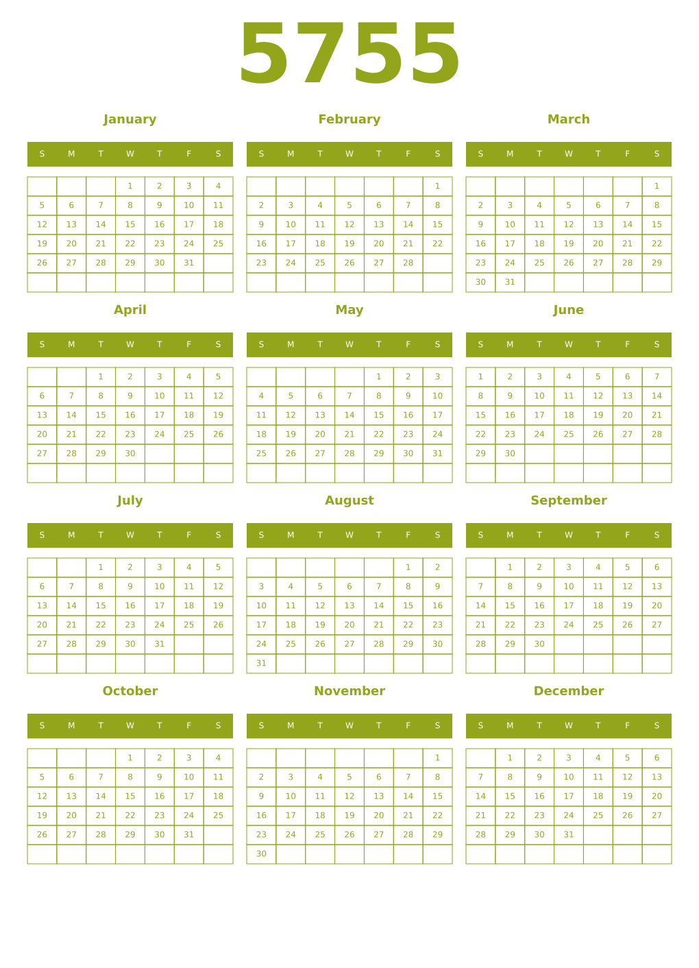 Printable 5755 Year Calendars chartreuse
