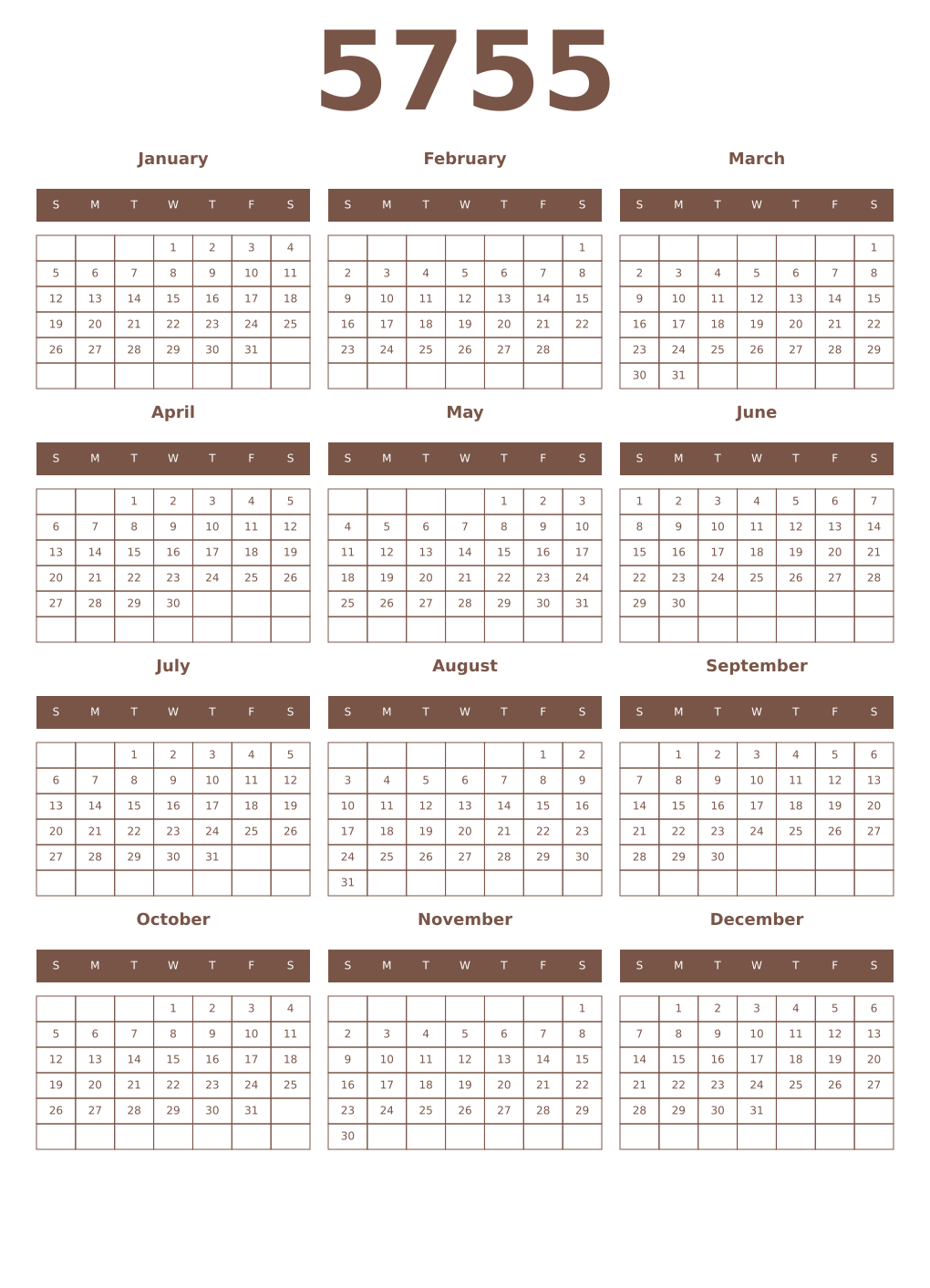 Printable 5755 Year Calendars coffe