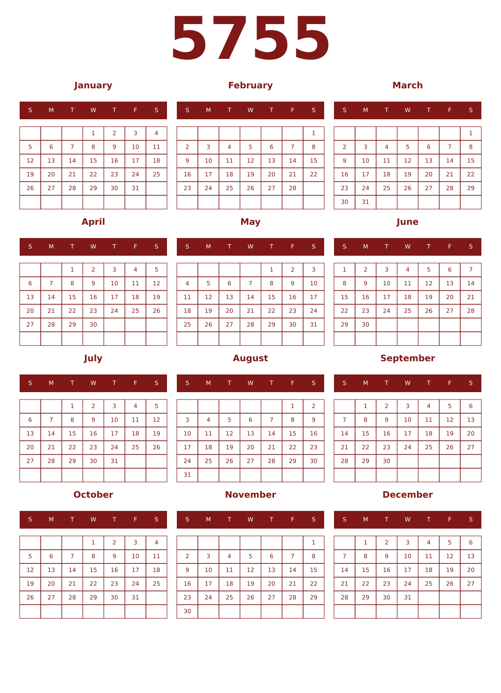 Printable 5755 Year Calendars falu