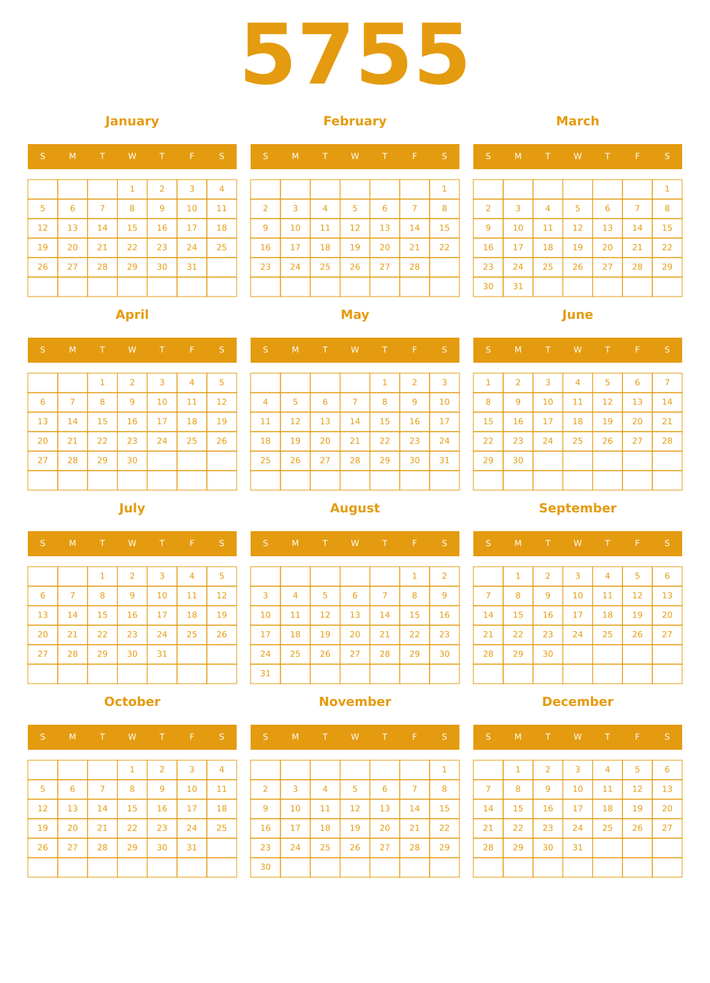 Printable 5755 Year Calendars gamboge