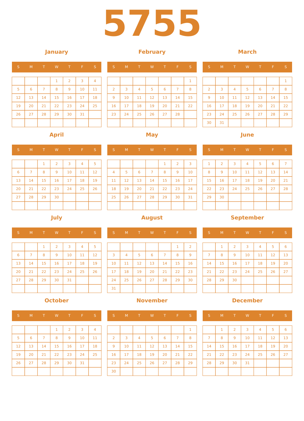 Printable 5755 Year Calendars orange