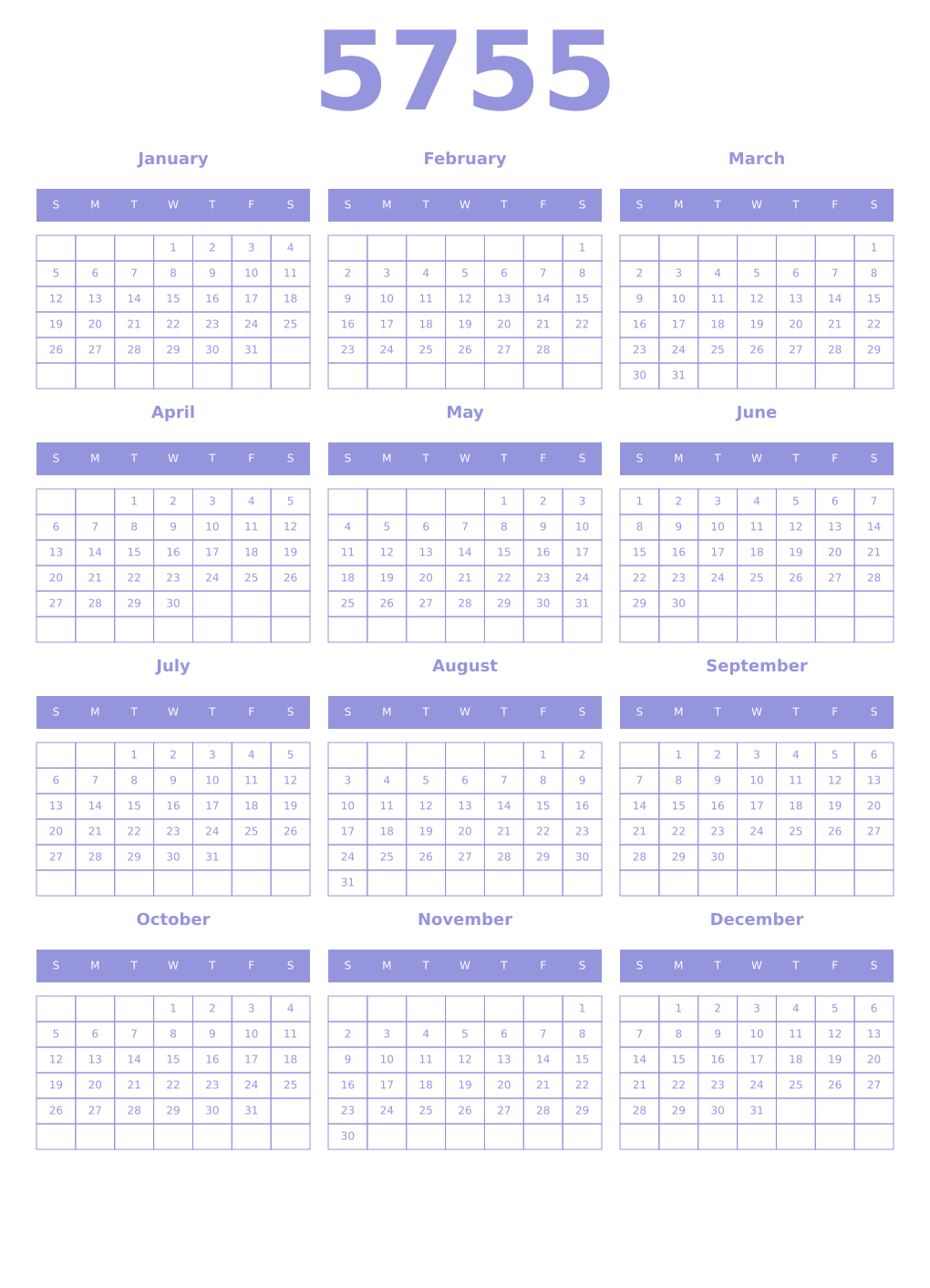 Printable 5755 Year Calendars periwinkle