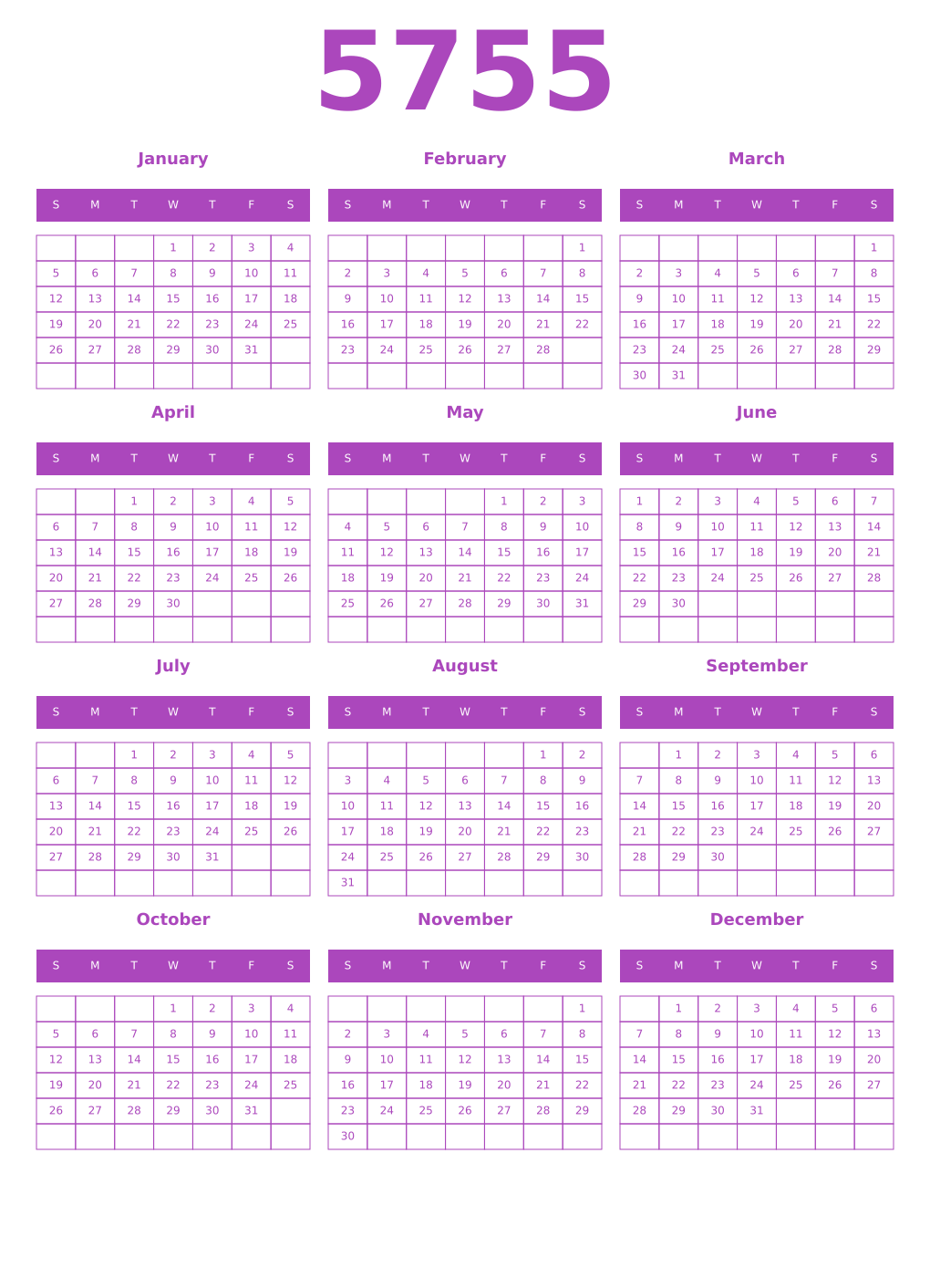 Printable 5755 Year Calendars purple