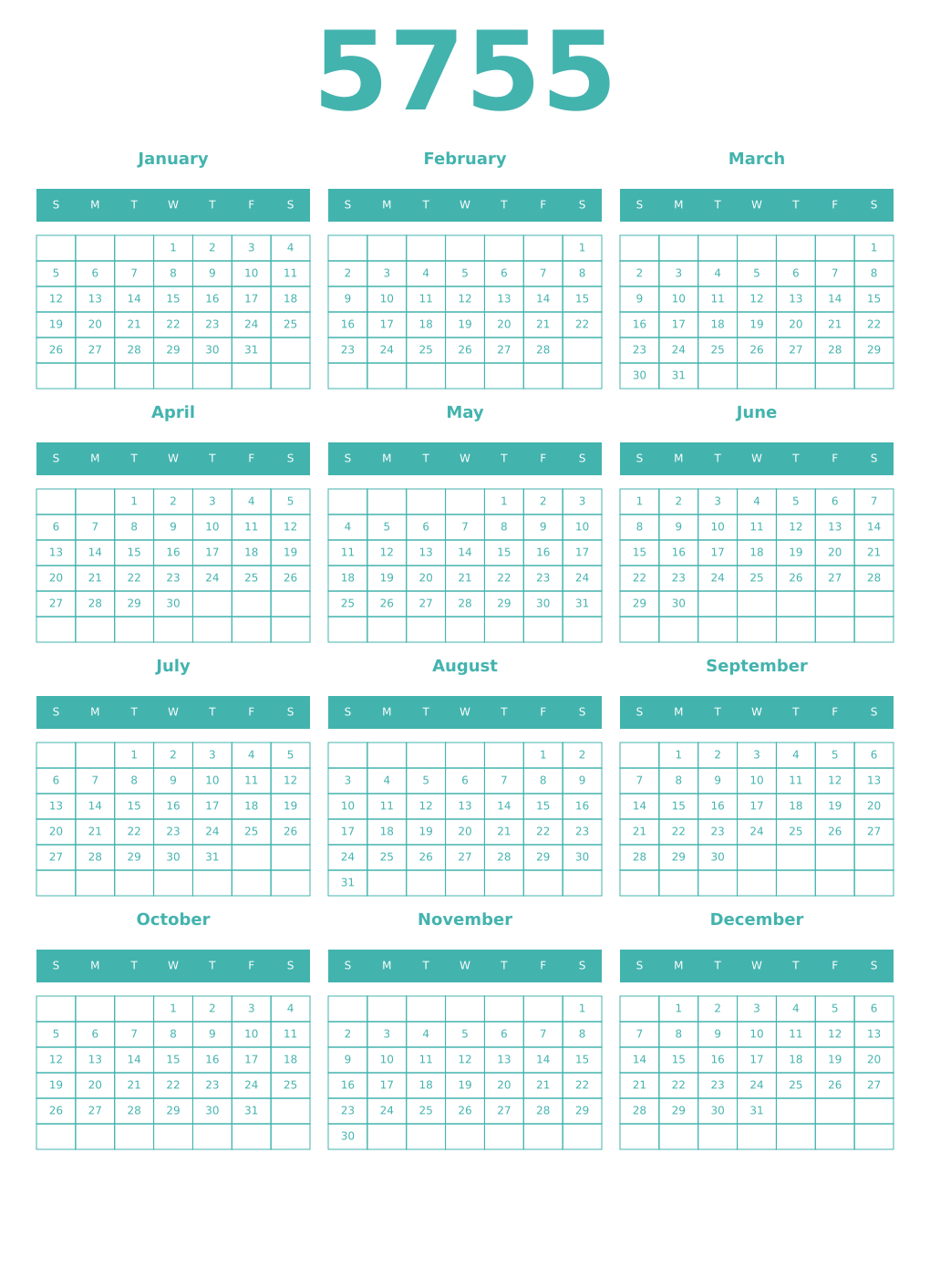 Printable 5755 Year Calendars verdigris