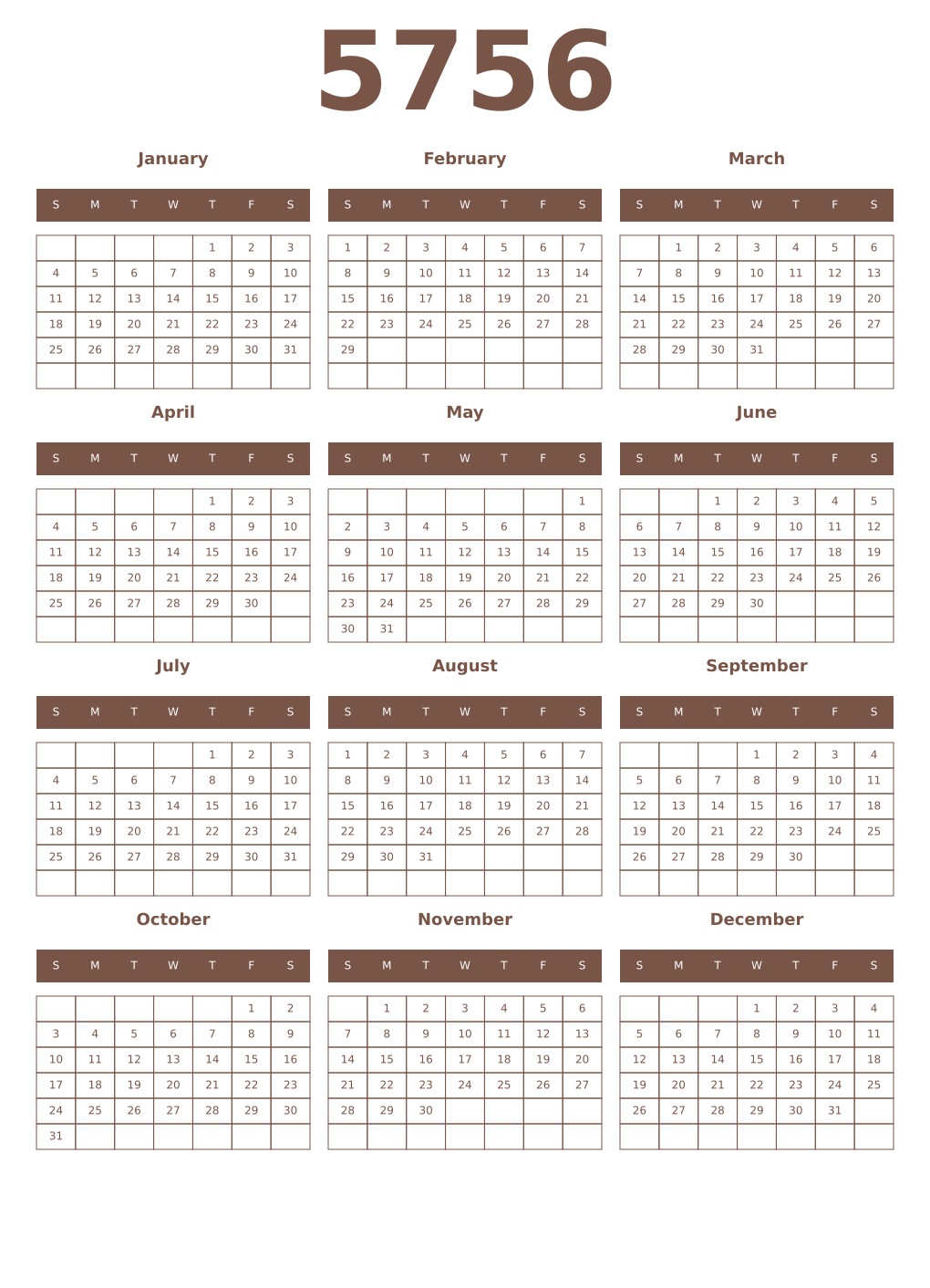Printable 5756 Year Calendars coffe