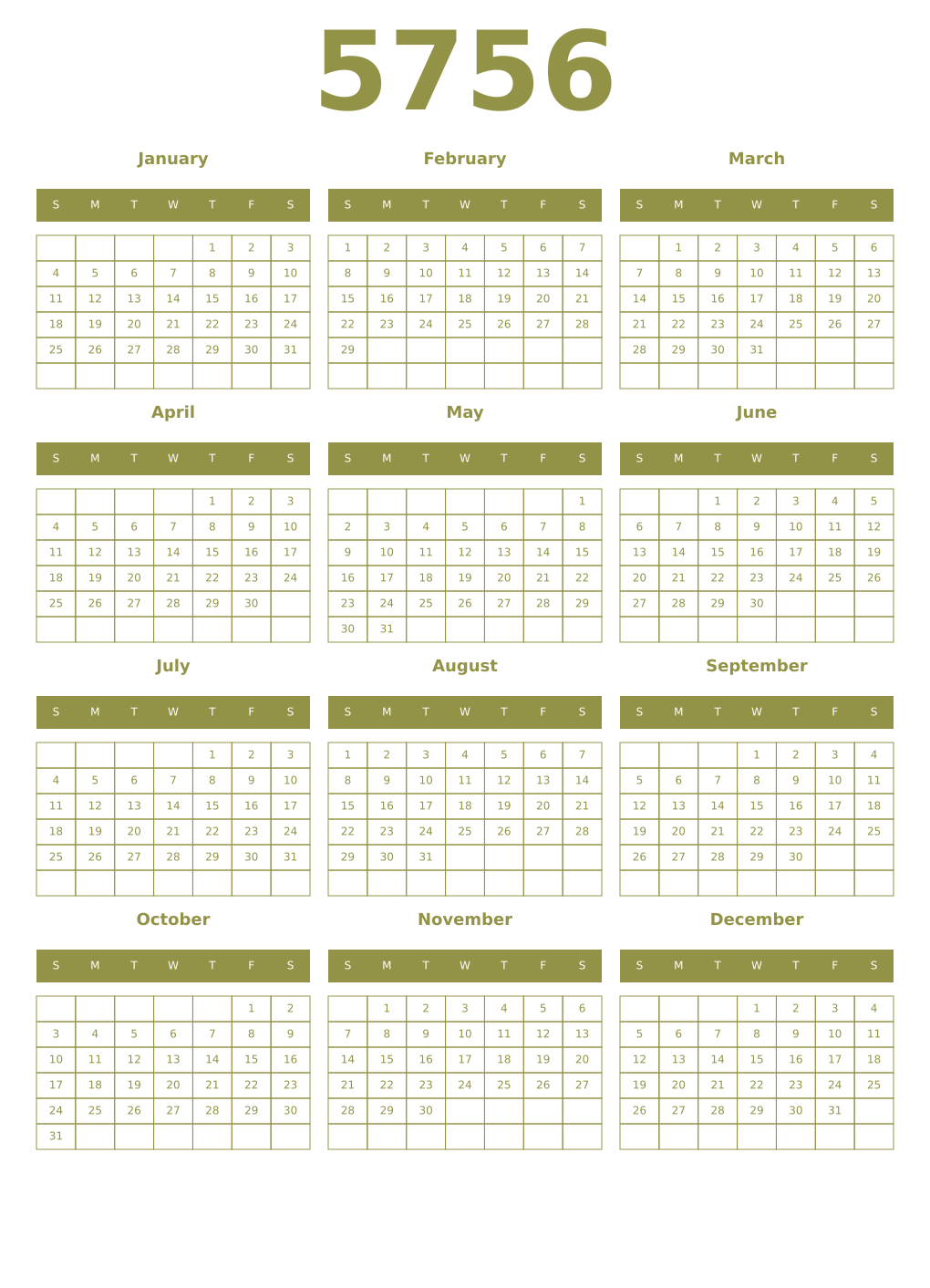 Printable 5756 Year Calendars eburnean