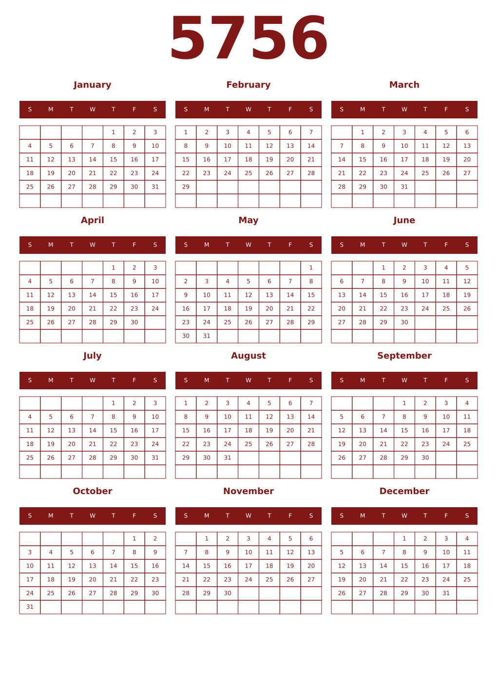Printable 5756 Year Calendars falu