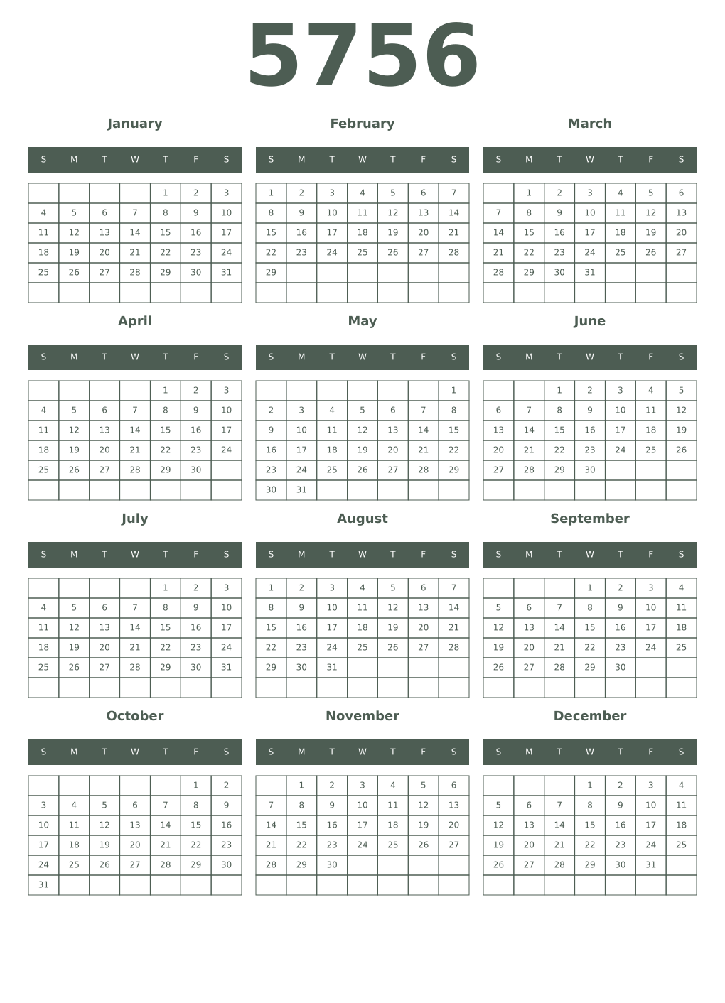 Printable 5756 Year Calendars feldgrau