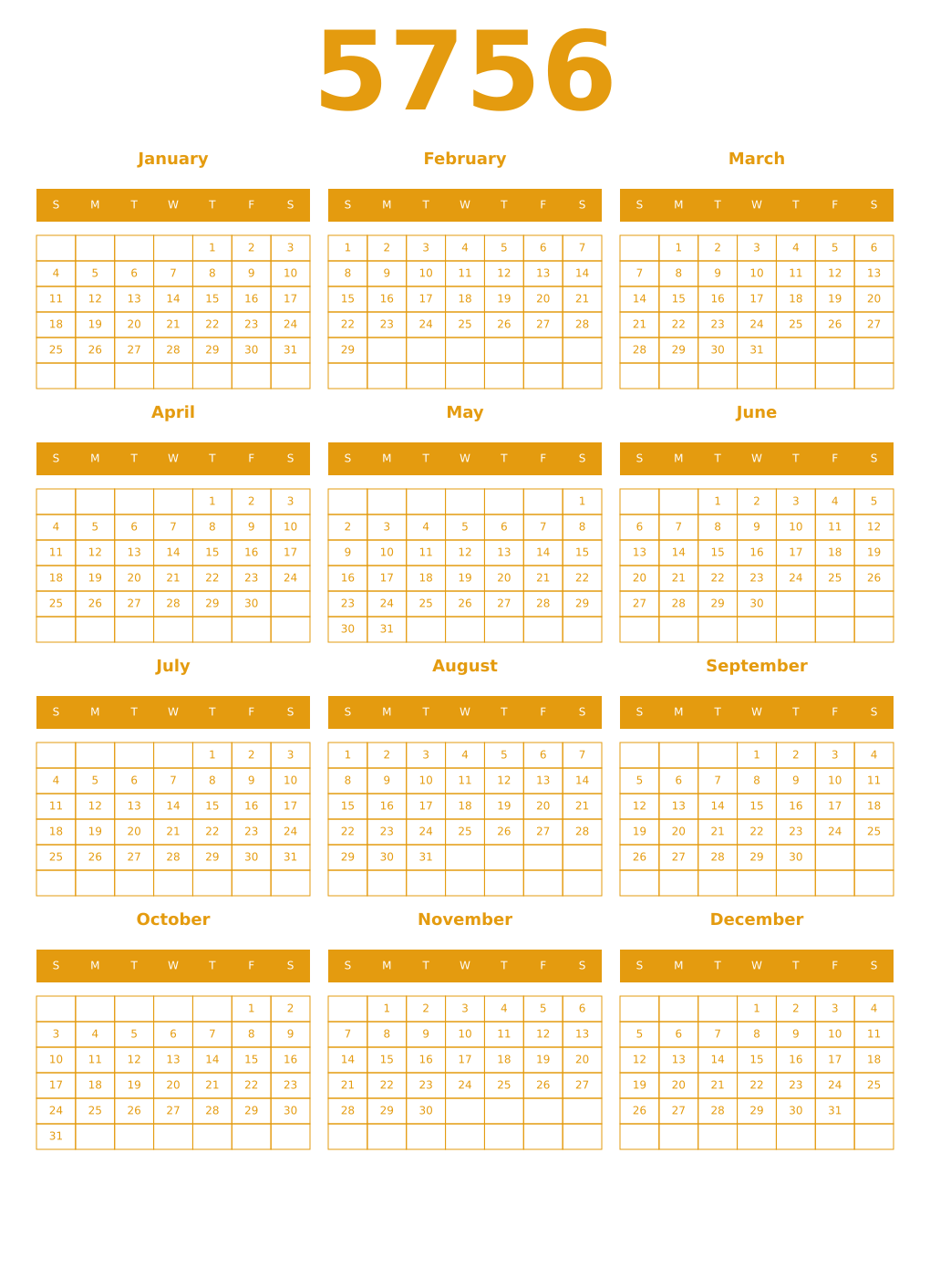 Printable 5756 Year Calendars gamboge