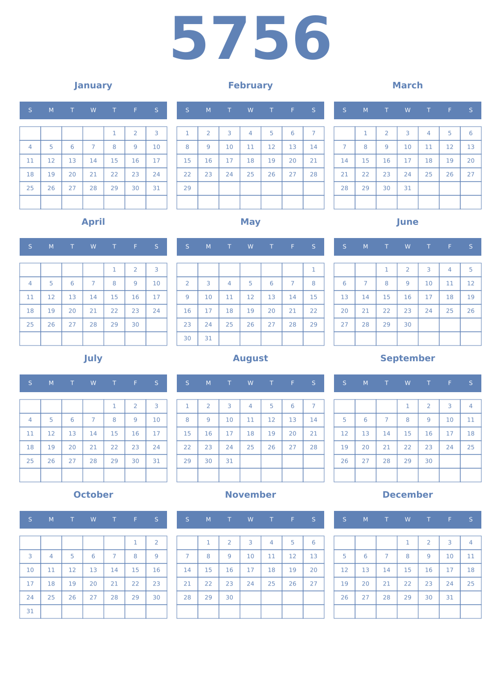 Printable 5756 Year Calendars glaucous