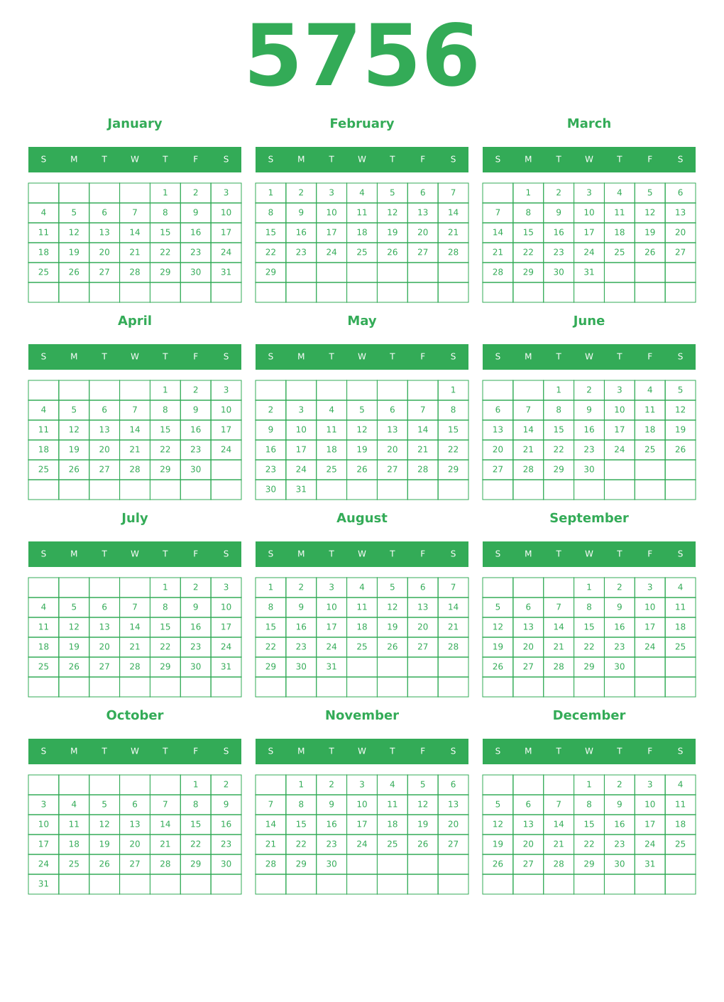 Printable 5756 Year Calendars green